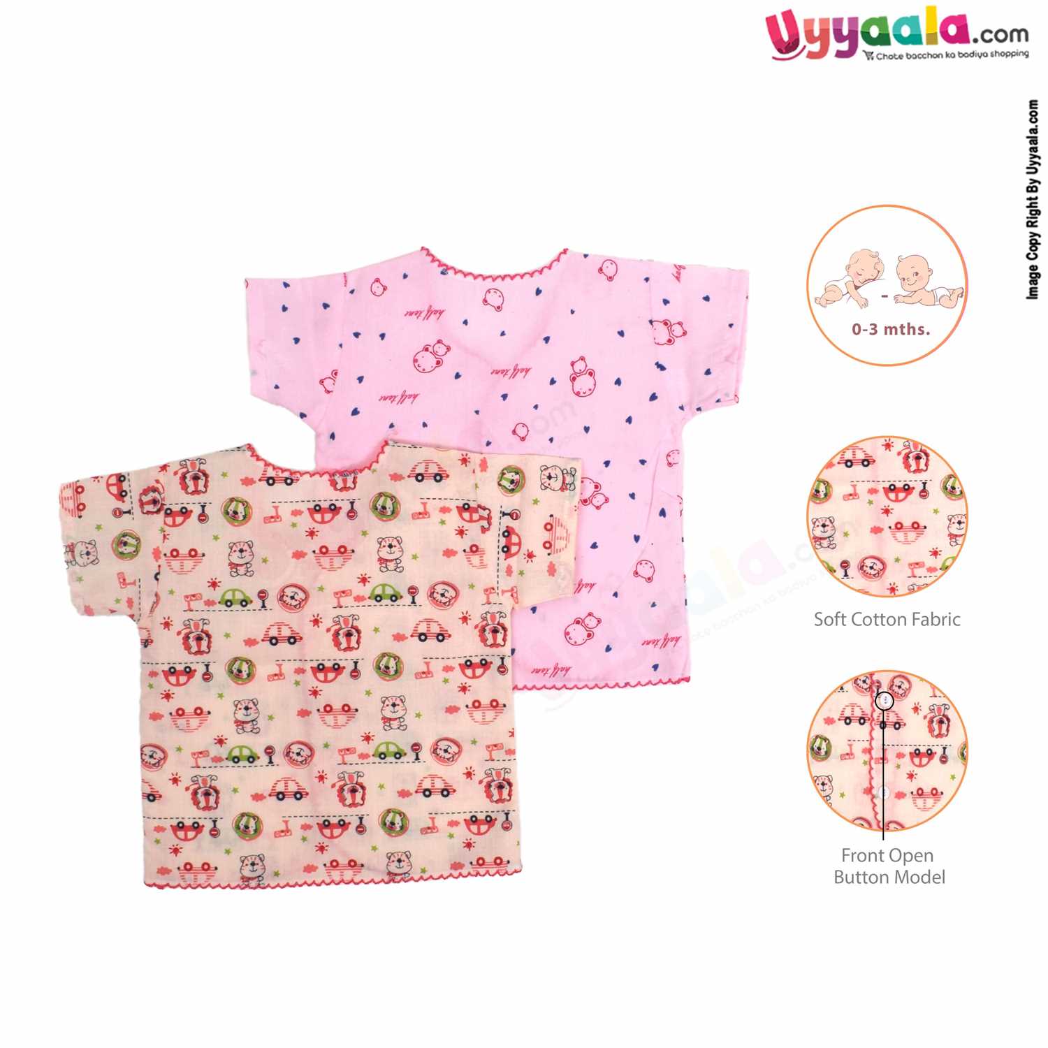 SNUG UP Half Sleeve Baby Jabla Set, Front Opening Button Model, Premium Quality Cotton Baby Wear, Car & Bear Print, (0-3M), 2Pack - Pink & Peach