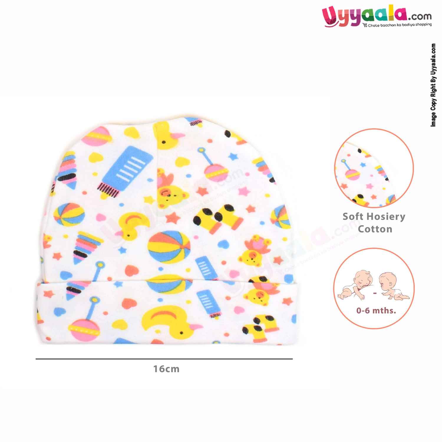 Fancy Round Cap for Babies with Stretchable Soft Hosiery Material with Print, pack of 2 0-6m Age- Multi Color