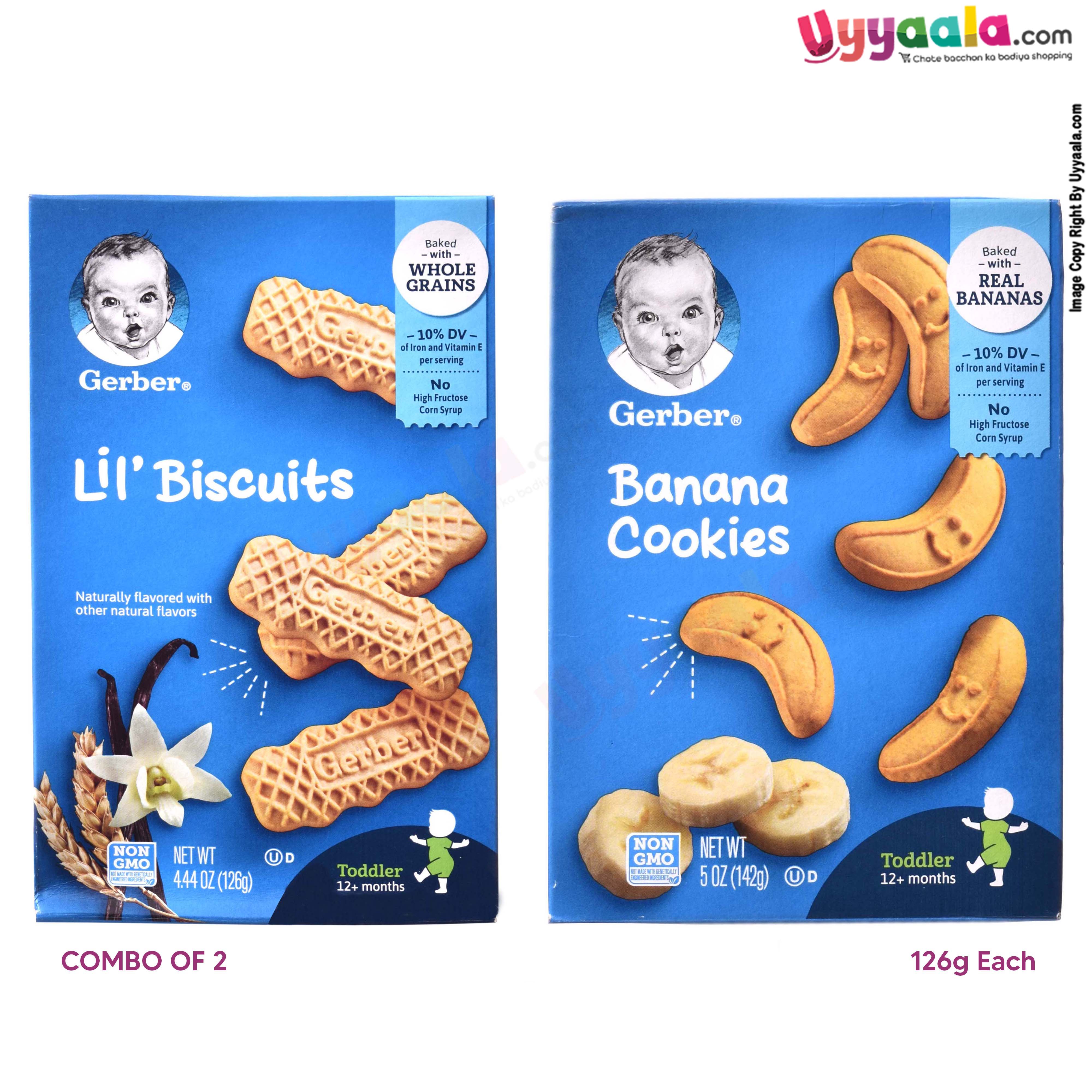 GERBER Lil biscuits & banana cookies, naturally flavored baby snacks, combo of 2 - 268g
