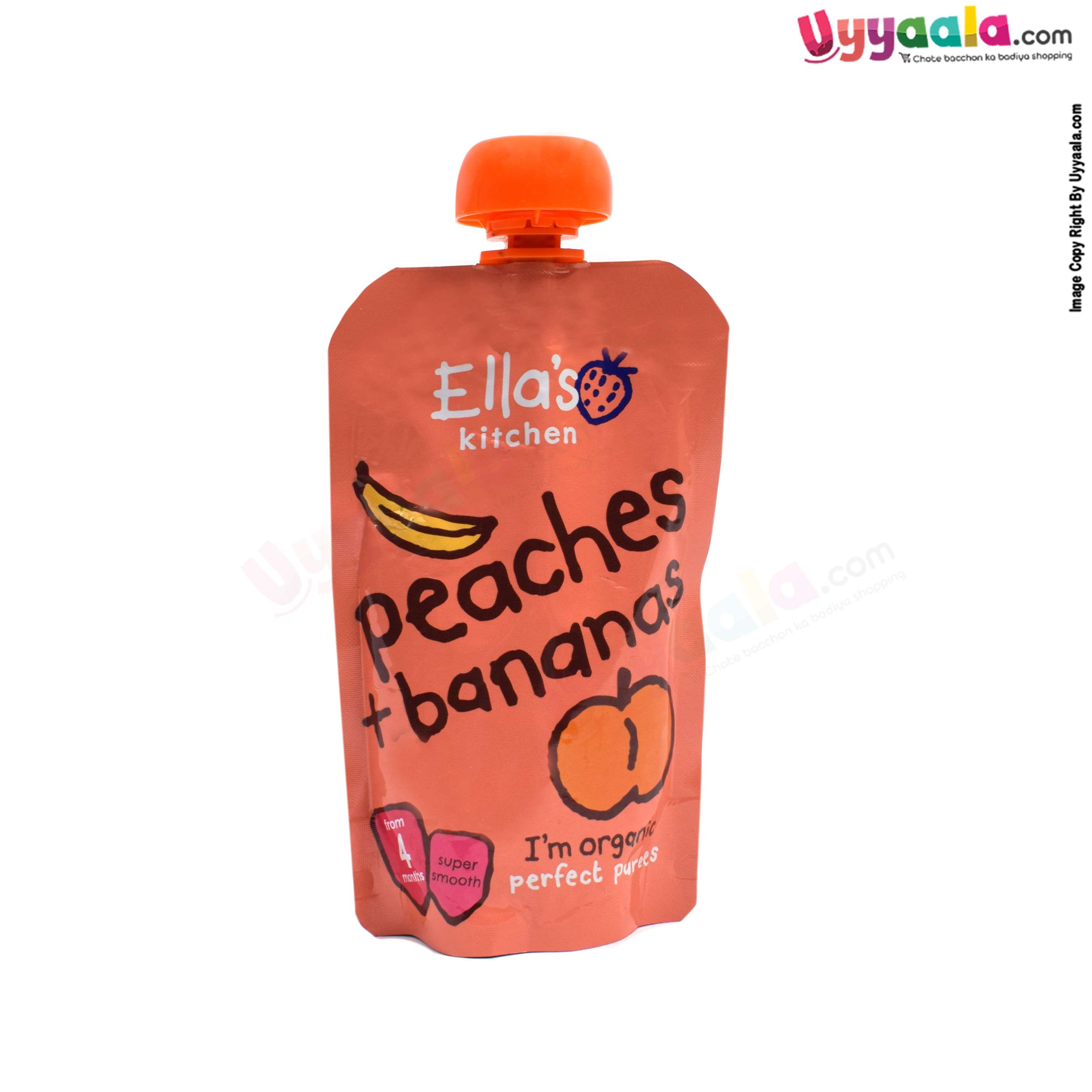 ELLA'S KITCHEN Peaches + bananas, super smooth purees for babies - 120gm, 4 months +