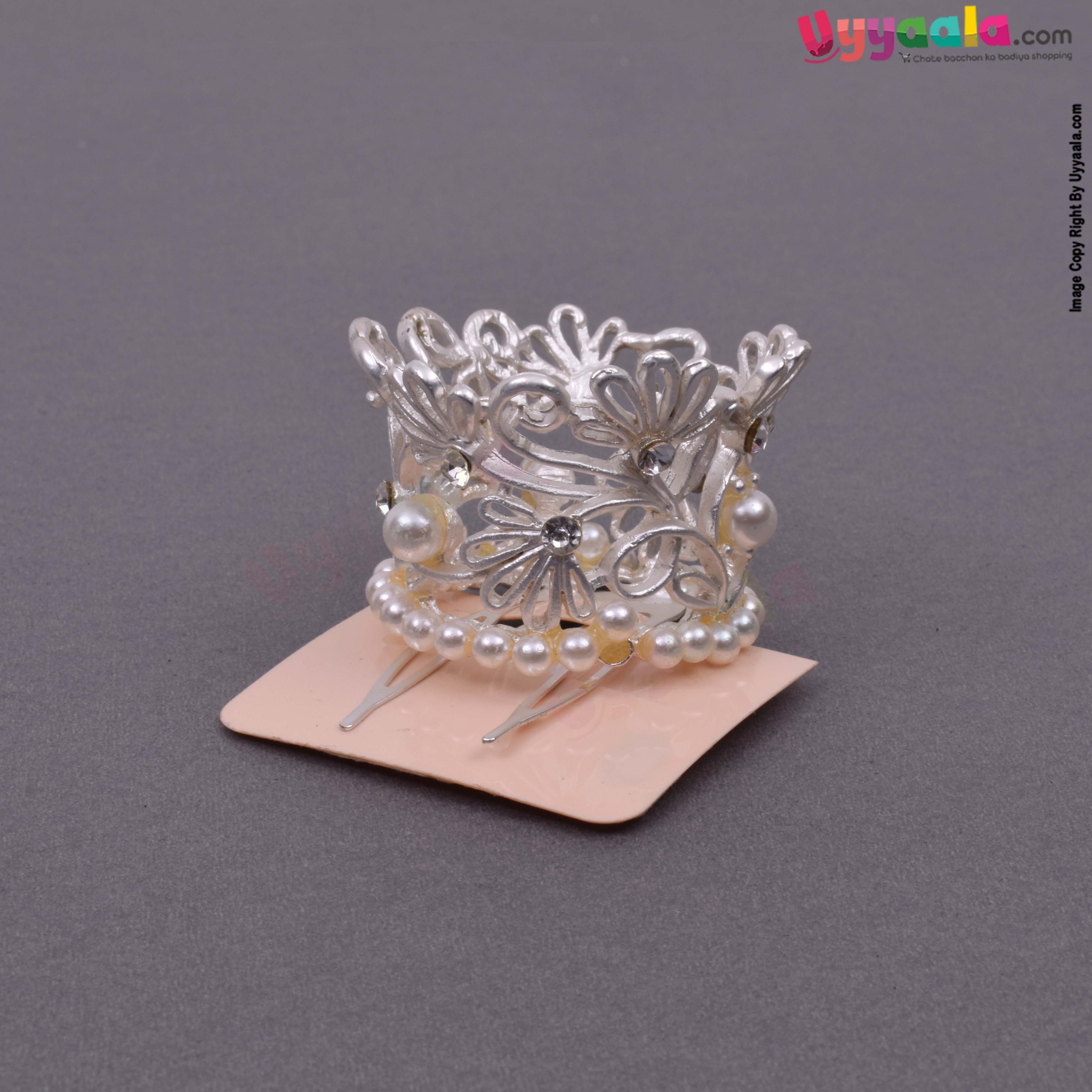 Fancy round hair crown pin with pearls for kids, silver