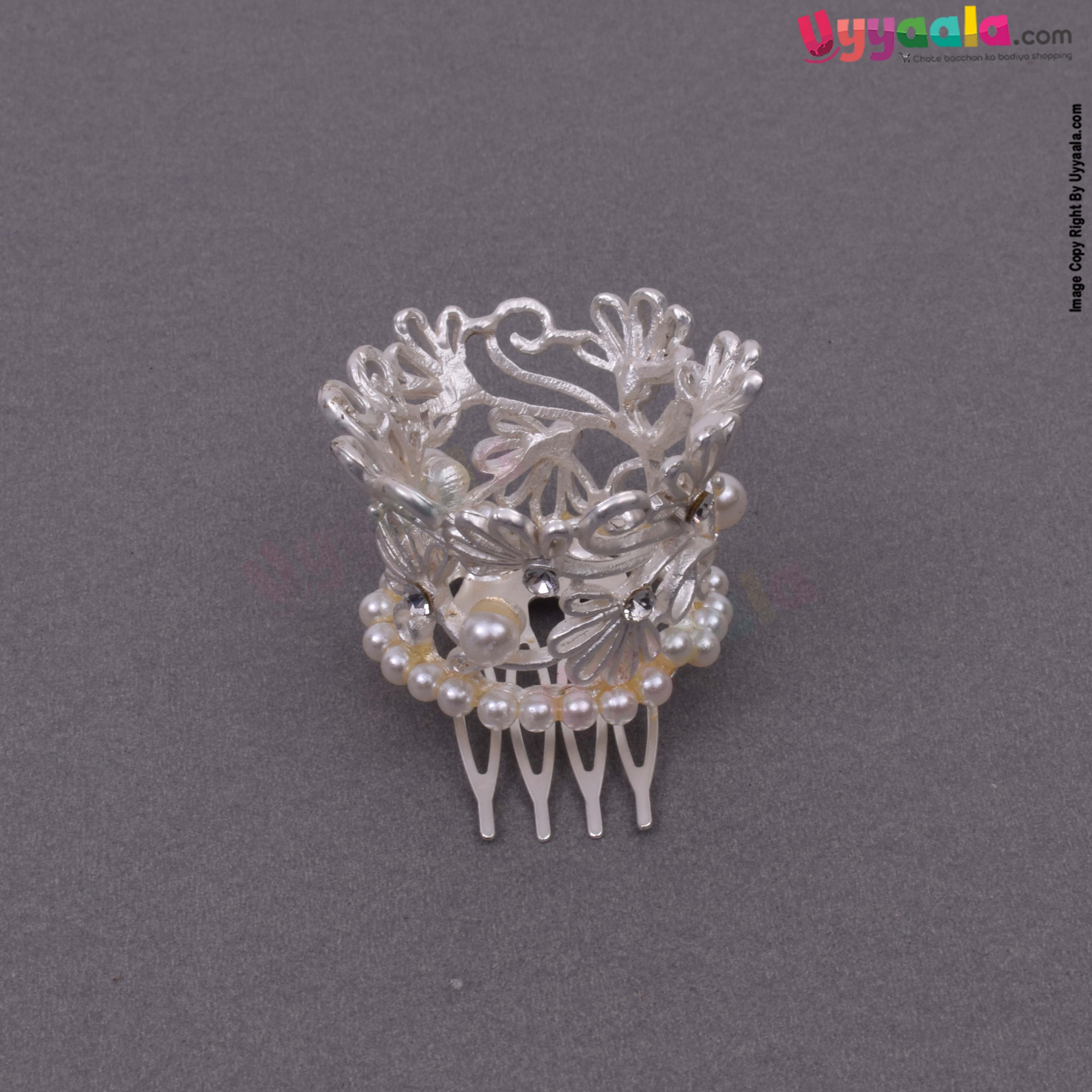 Round hair crown pin with pearls for kids, silver