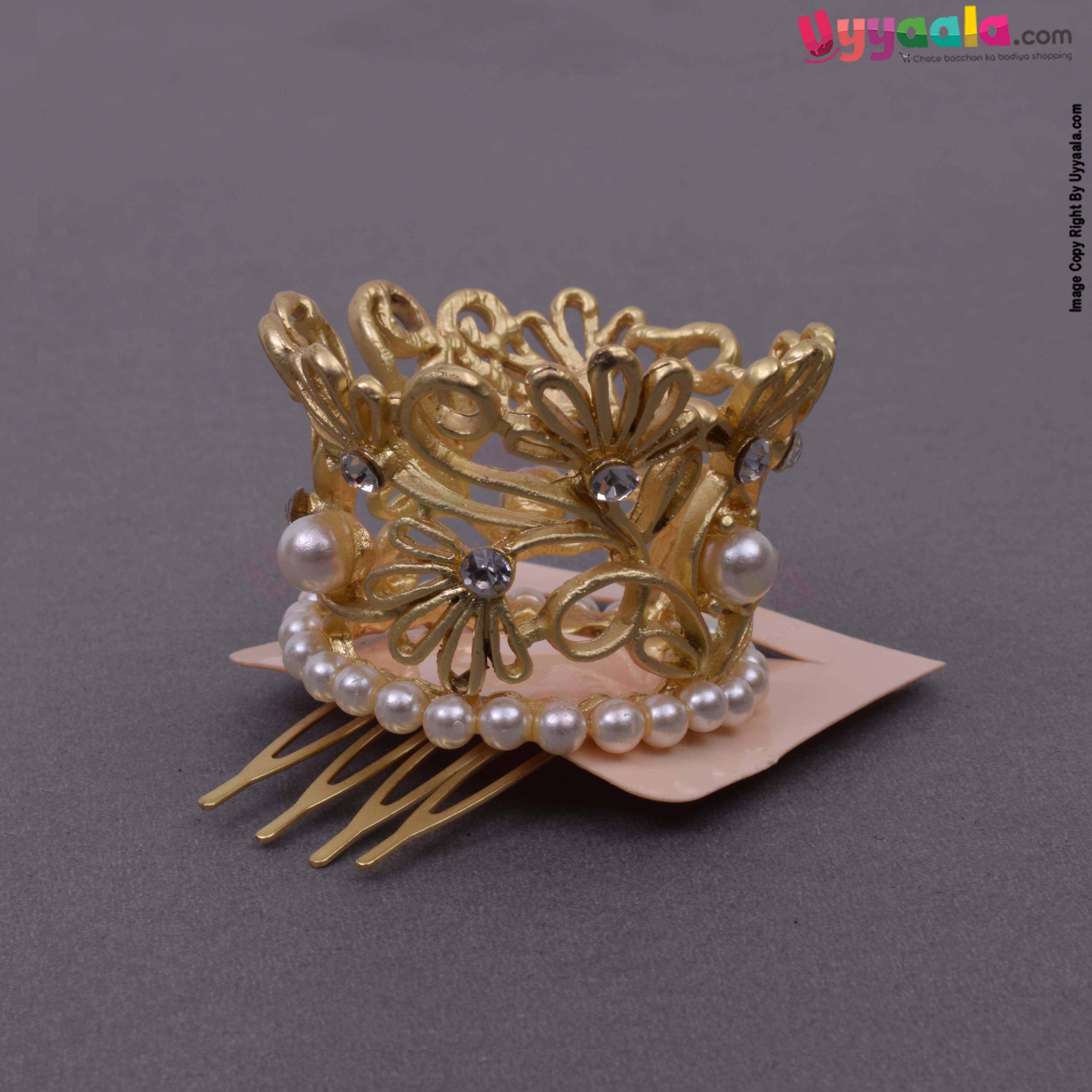 Fancy round hair crown pin with pearls for kids, gold