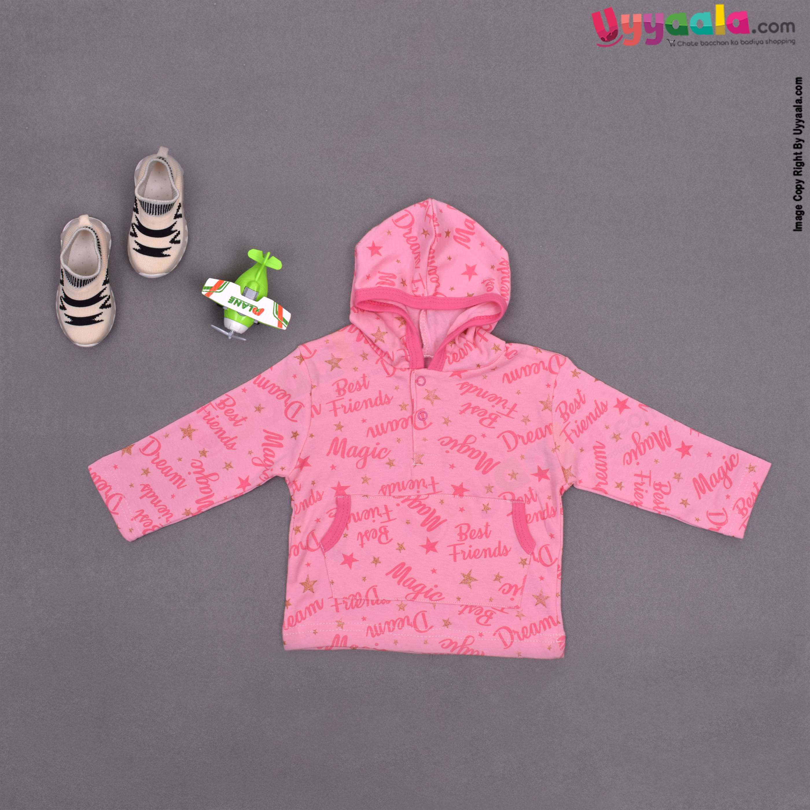 PRECIOUS Full sleeves hoodies t - shirt, cotton - pink with text & glittering star print