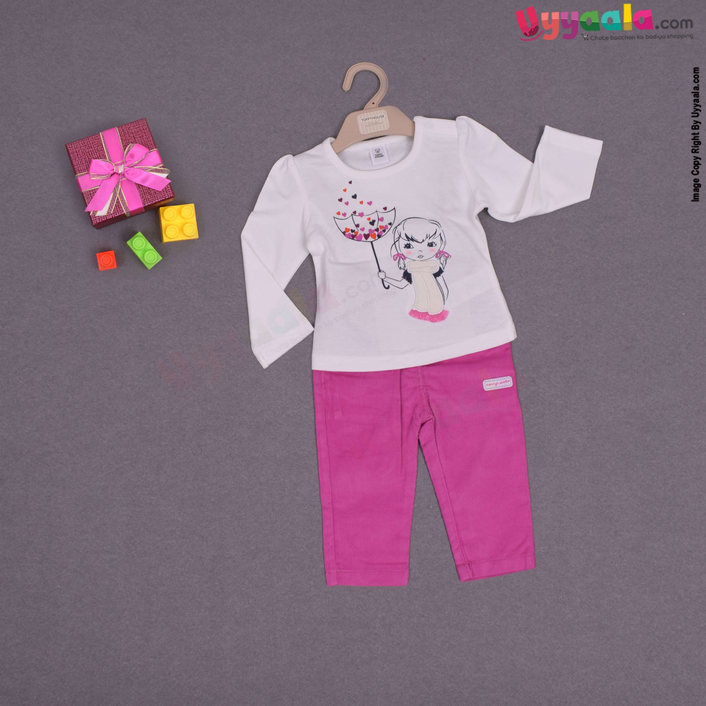 TOFFY HOUSE T - shirt with pants for baby girls - white with girl print & pink