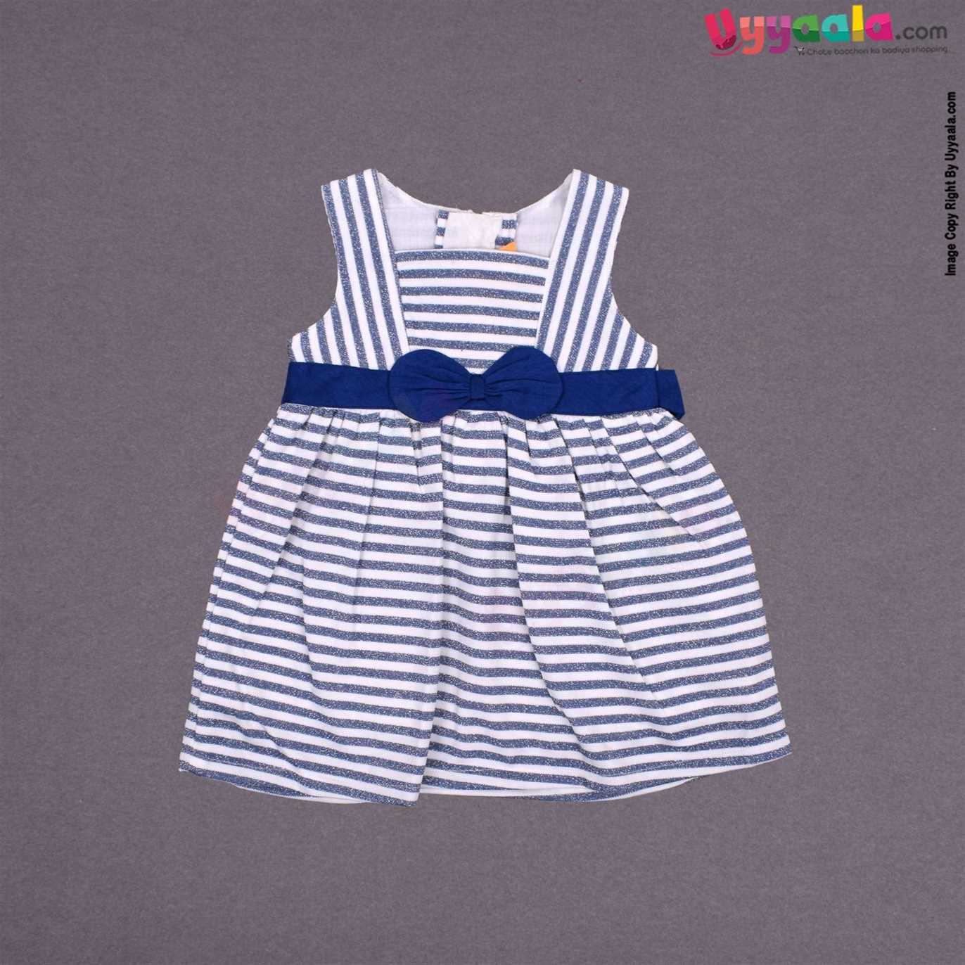 YELLOW DUCK Cotton sleeveless party wear frock for baby girl, back open zip model with bow applique- Navy blue with stripes