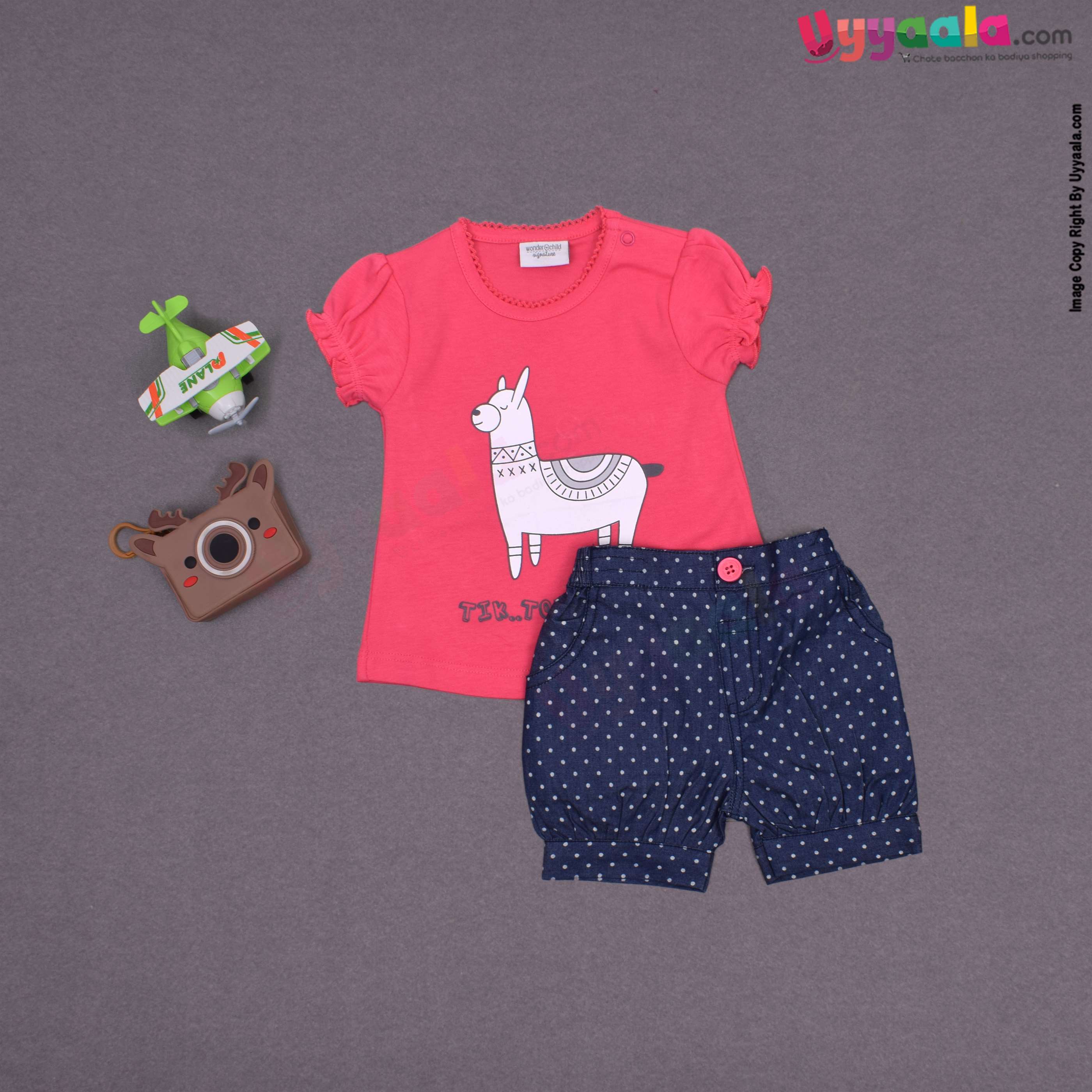 WONDER CHILD Party wear t shirt and short dress set for baby girl with animal and text print- pink & navy blue