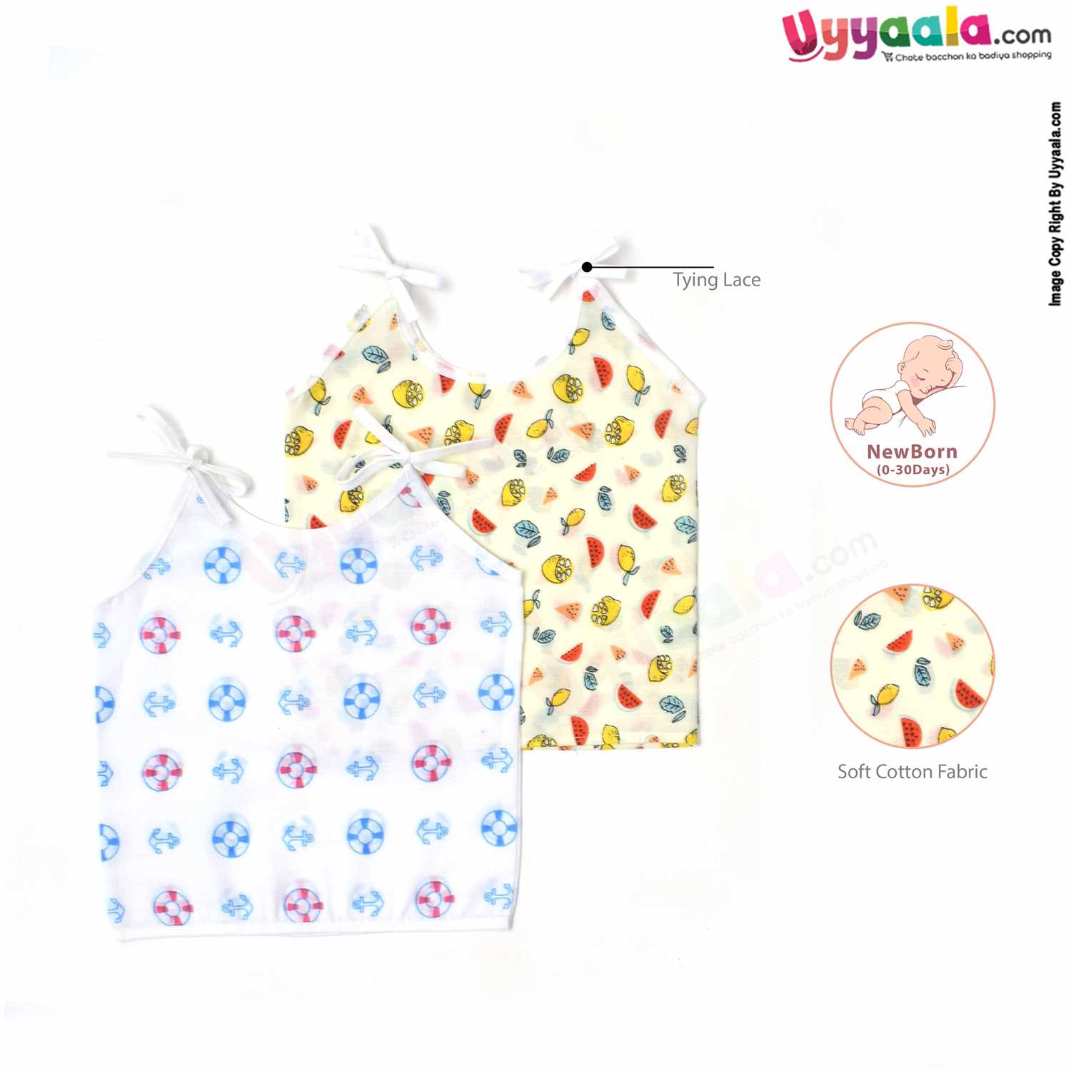 POLAR CUBS Sleeveless Baby Jabla Set, Top Opening Tie knot Lace Model, Premium Quality Cotton Baby Wear, (0-30 Days), Fruits & Anchor Print, 2Pack - Cream & White