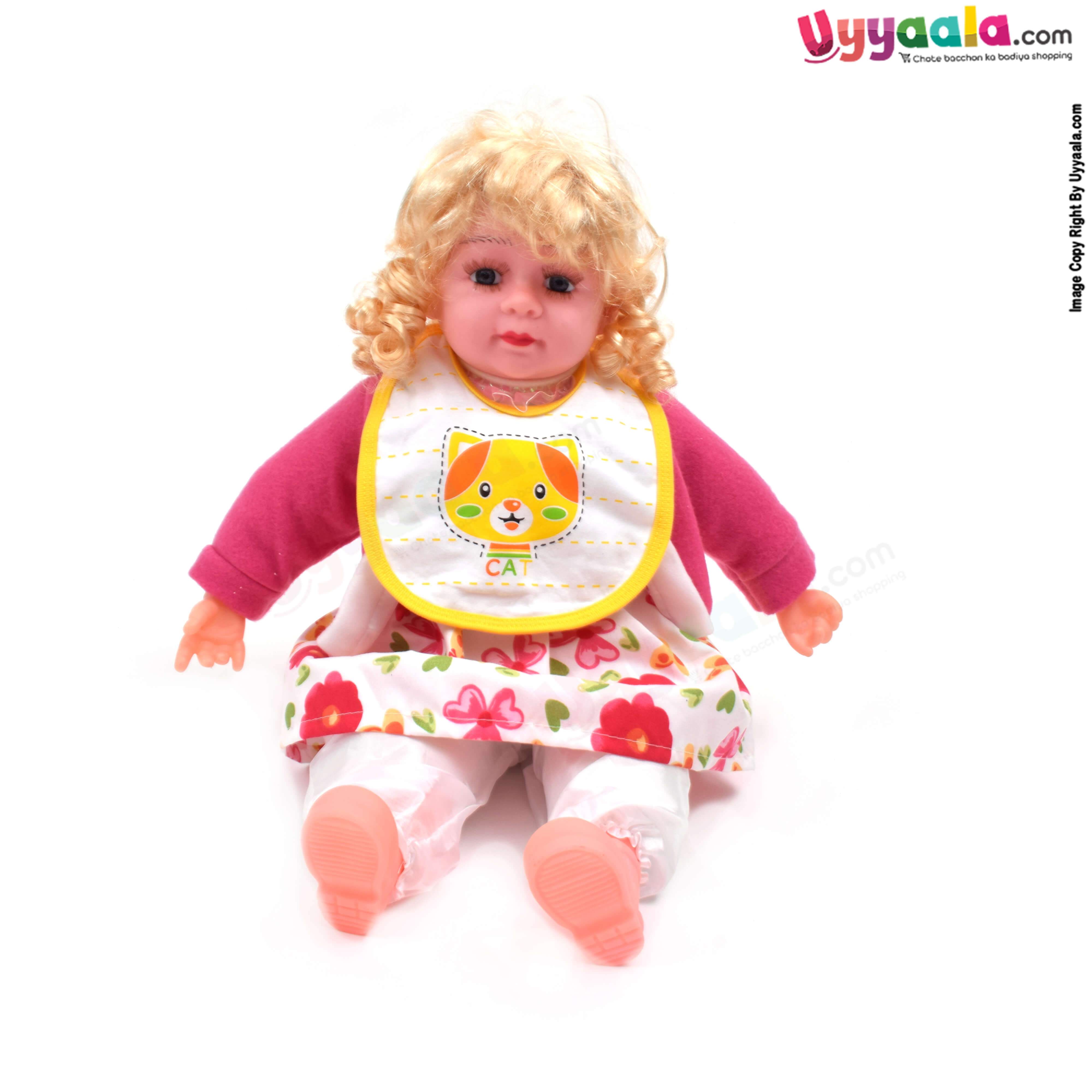 Cotton Baby Feeding Bib, Newborn Top Tieing Model, Kitty & Hippo Print, Pack of 2, (20*18) - White with Yellow & Orange Borders