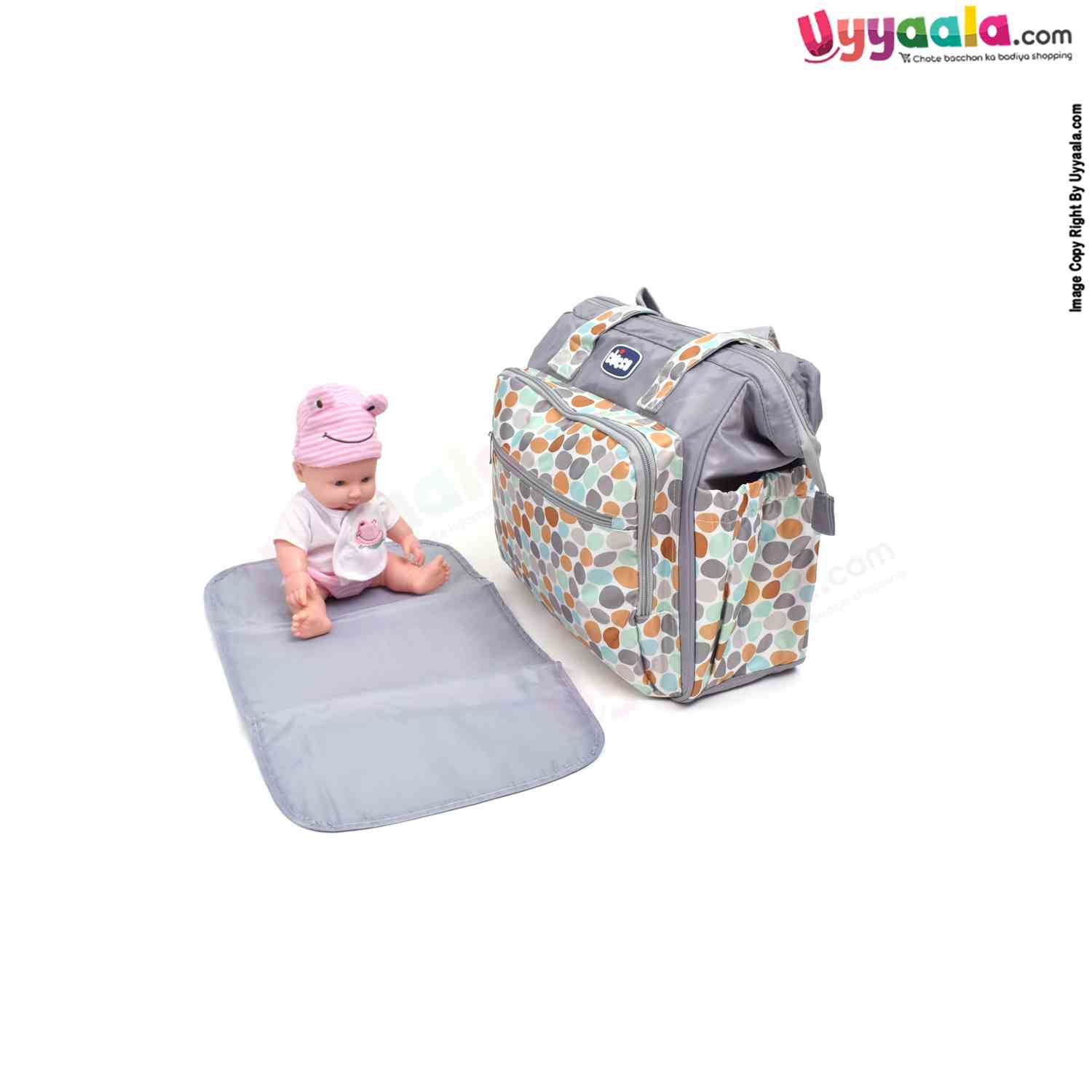 Premium Quality Multipurpose Mother Bag(Diaper Bag) with side Bottle Pockets & Bottle Holders, Dot Print, Size(42*36cm) - Grey