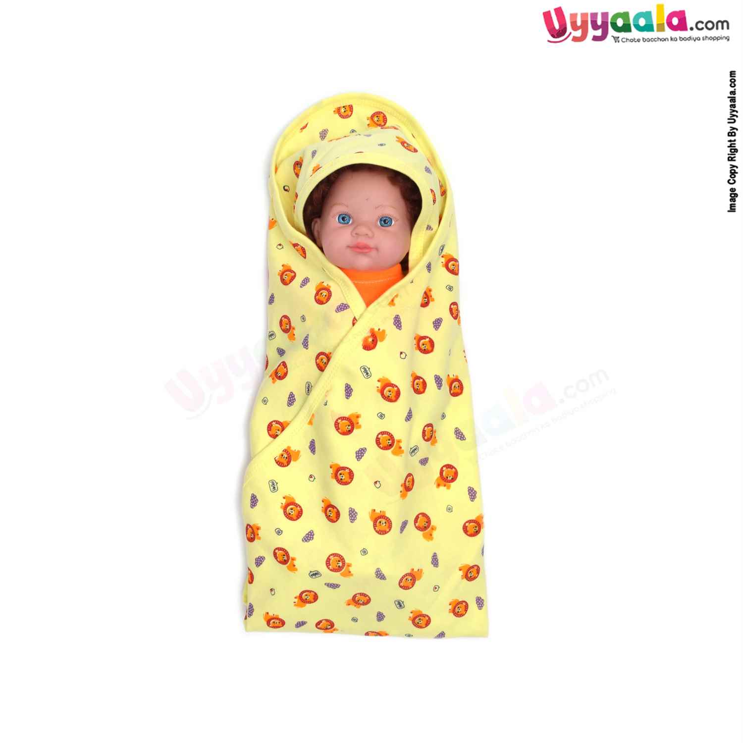 Hosiery Cotton Hooded Towel for Babies with Lion Print 0-12m Age, Size (86*72cm)- Yellow
