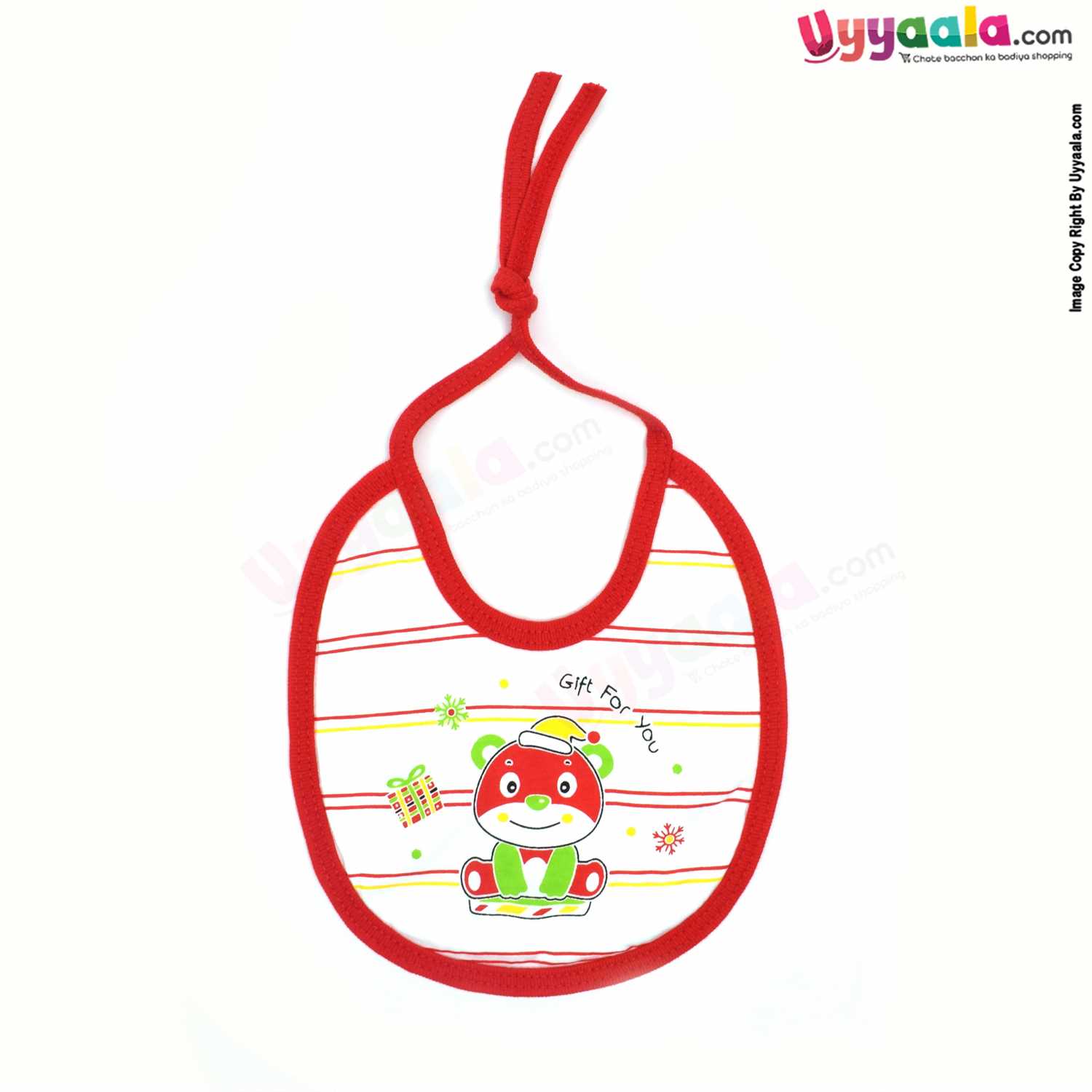 Cotton Baby Feeding Bib, Newborn Top Tieing Model, Teddy Bear & Panda Print, Pack of 2, (20*18) - White with Blue & Red Borders