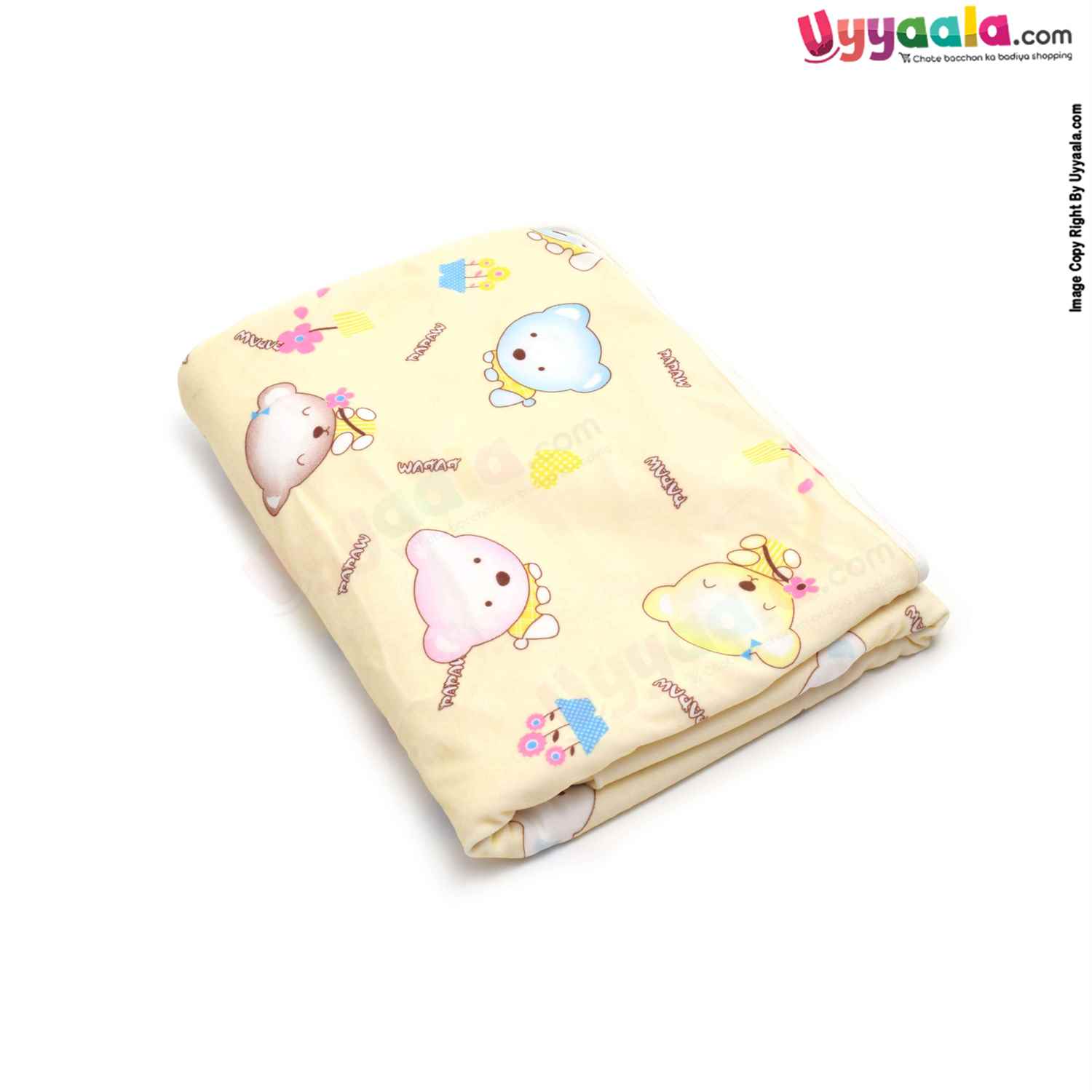 Double Layered (2 Ply) Hooded Blanket One Side Fur & Another Side Velvet with Teddy & Flowers Print for Babies 0-24m Age, Size(74*74cm)- Light Yellow