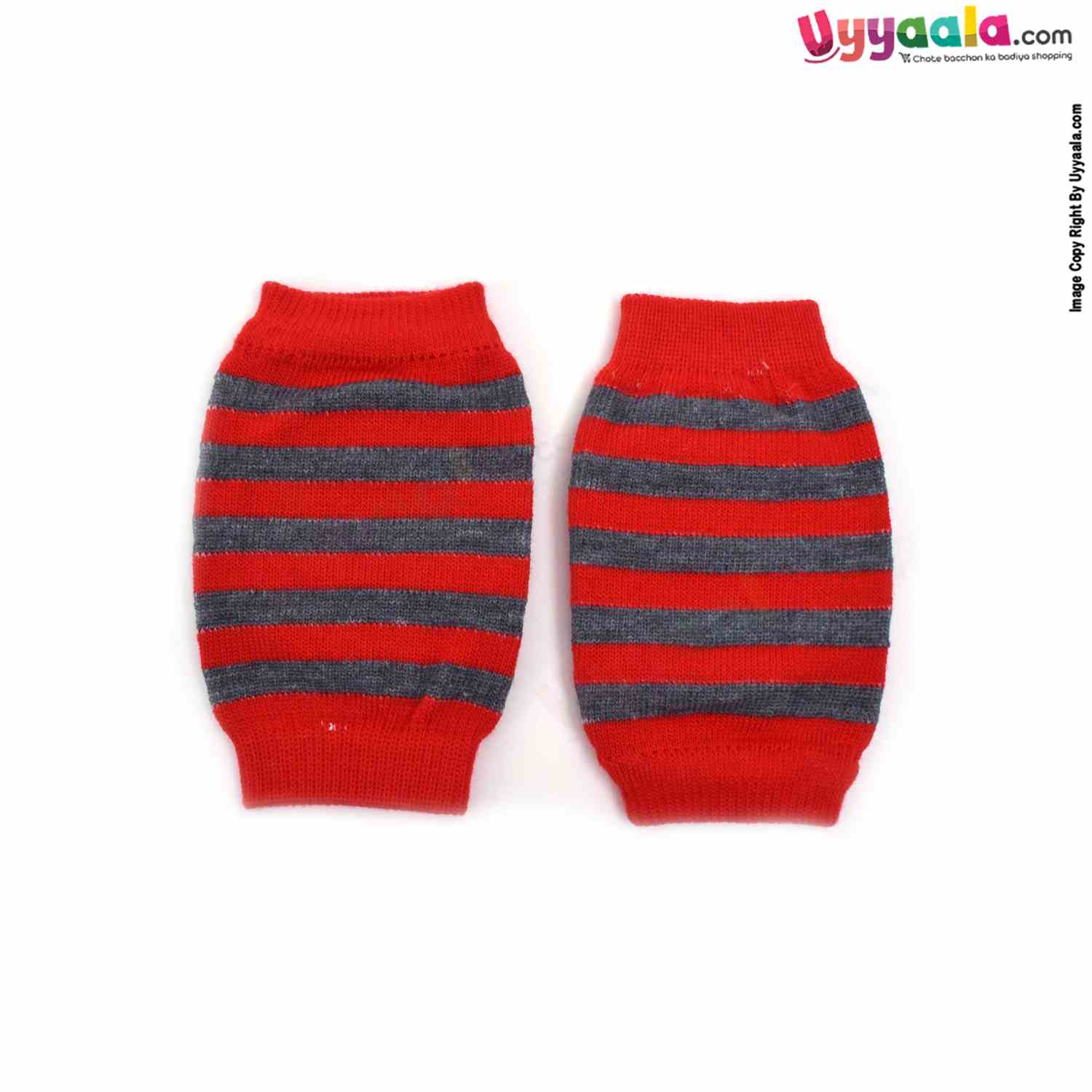 Hosiery Cotton Stretchable Knee Protection Pads for Crawling Babies with Stripes Print Pack of 1 Pair , 6m-2Y Age - Red & Grey