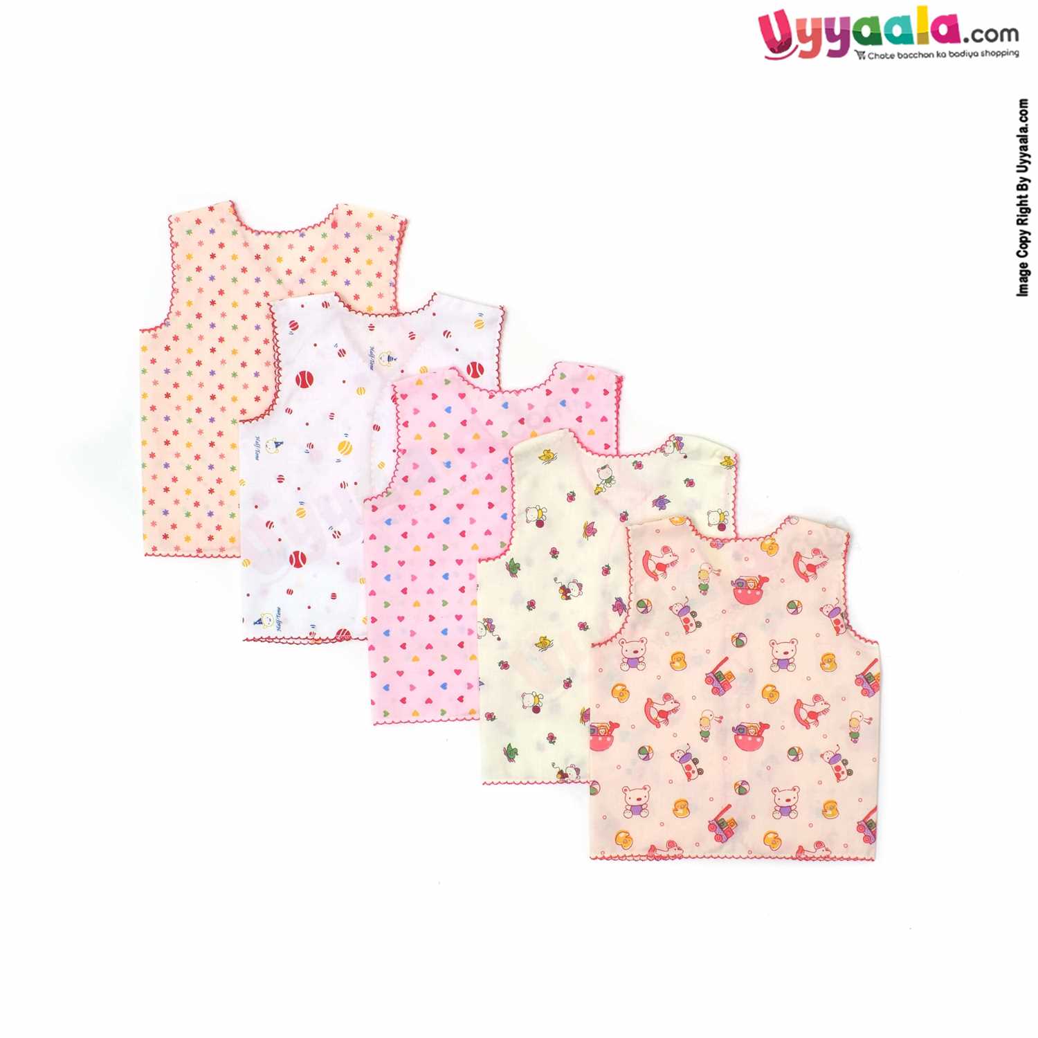 POLAR CUBS Sleeveless Baby Jabla Set, Front Opening Button Model, Premium Quality Cotton Baby Wear, Assorted Prints, (0-3M), 5Pack - Multicolor