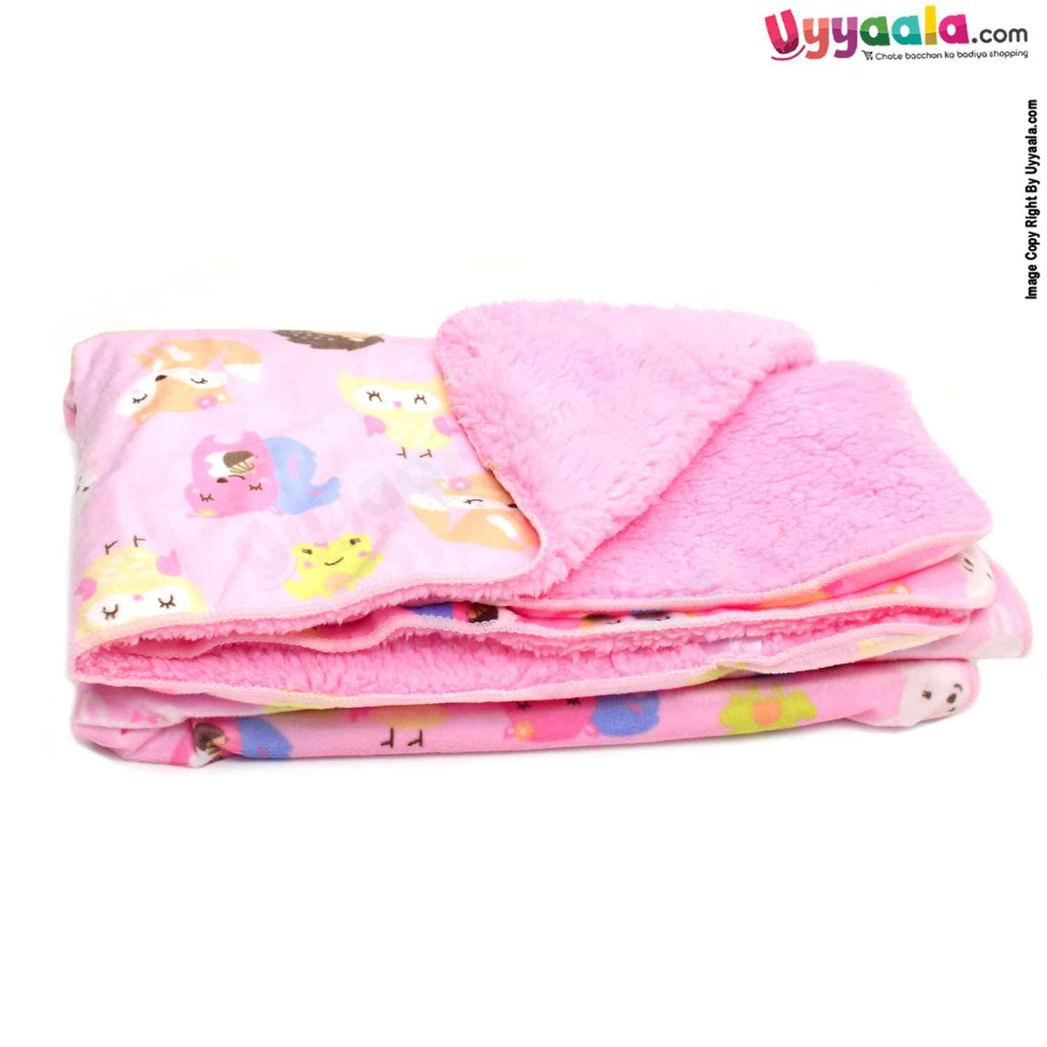 Double Layered Blanket One Side Fur & Other Side Velvet with Animals Print 0-24m Age, Size (99*75cm)- Pink