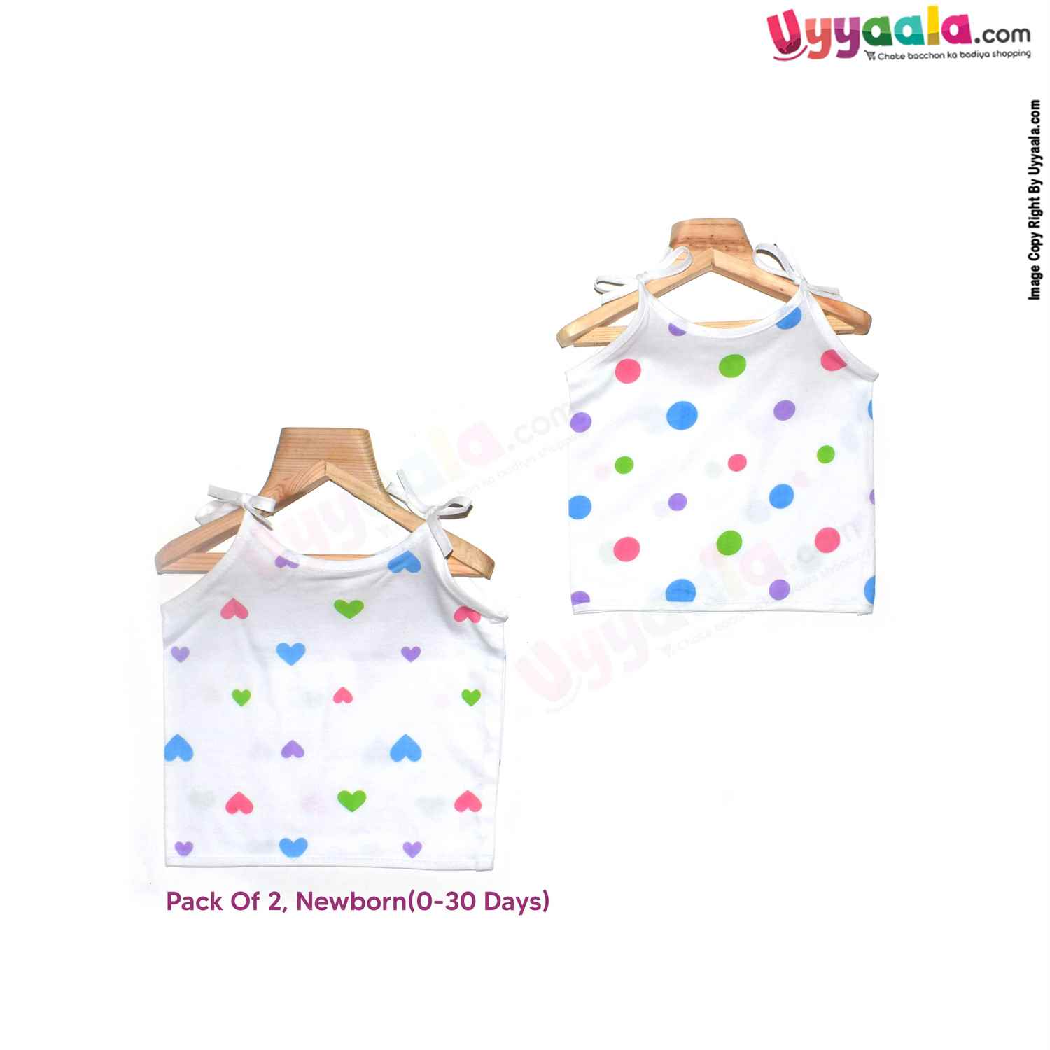 SNUG UP Sleeveless Baby Jabla Set, Top Opening Tie knot Lace Model, Premium Quality Cotton Baby Wear, Hearts & Dots Print, (0-30 Days), 2Pack - White