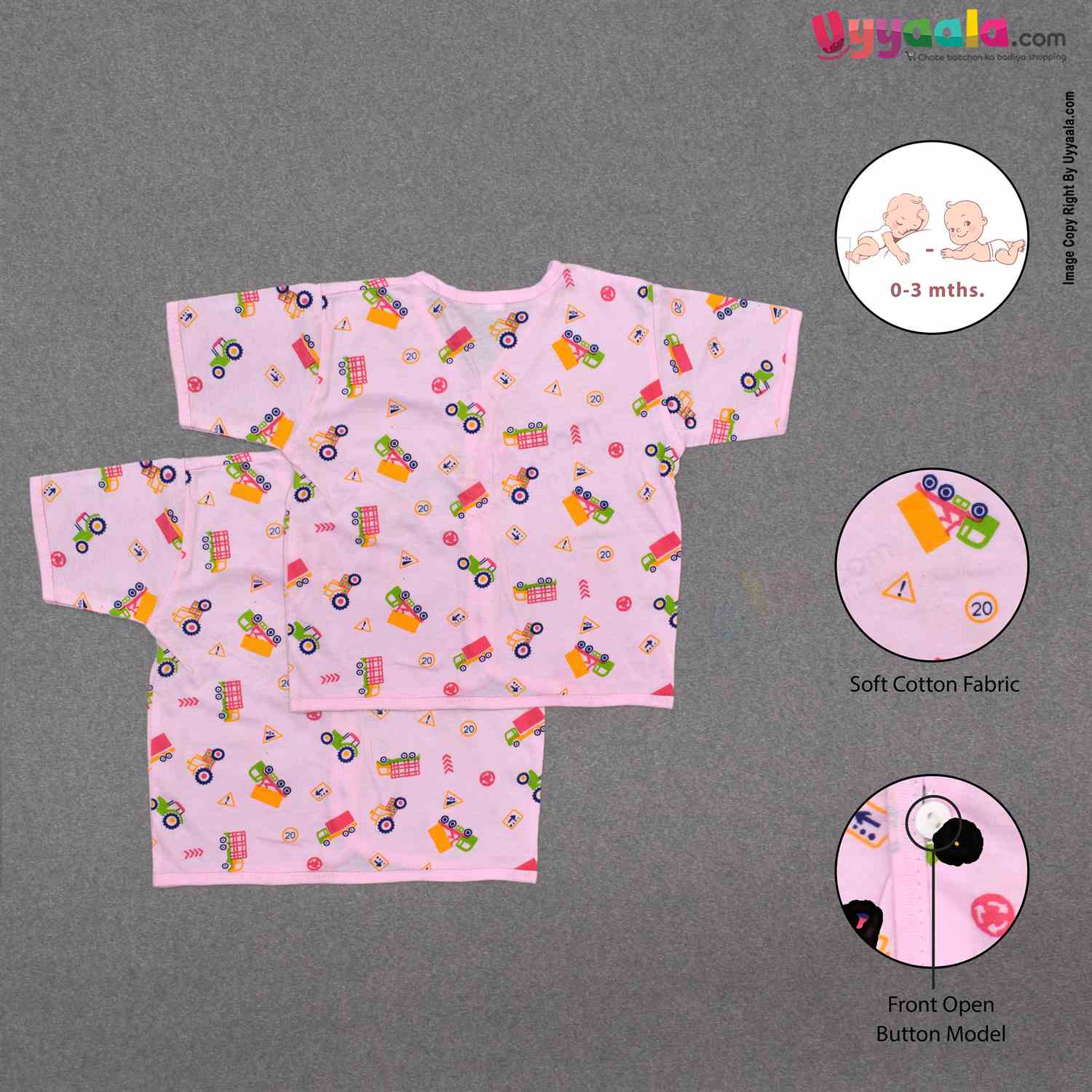 Half Sleeve Baby Jabla, Front Opening Button Model With assorted print - 0-3m pack of 2