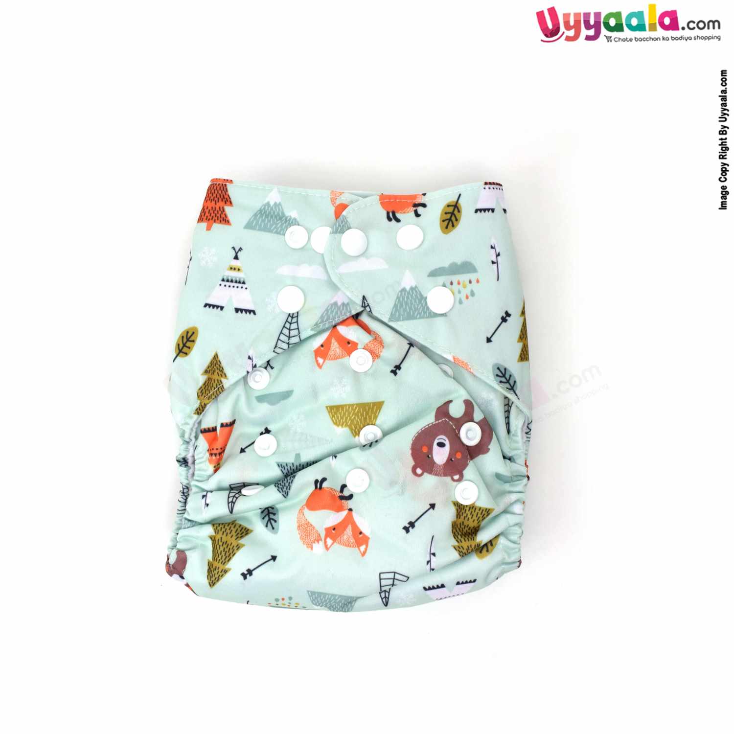 KICKS & CRAWL Re-Usable Cloth Diaper with Single Nappy Pad & Button Adjustable Polyester Fabric, Animals & Trees Print, 0-24m Age - Light Green