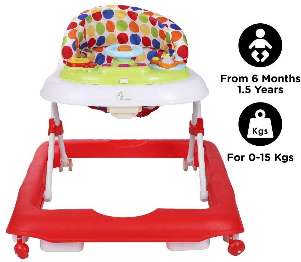 R FOR RABBIT Step Up Anti Fall Baby Walker with Adjustable Height and Musical Toy Bar for Kids, Red