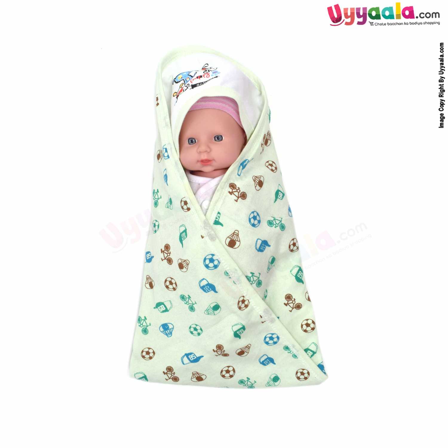 ZERO Baby Bath Soft 100% Cotton Towel with Foot Ball & Cycle Print 0+m Age, Size (84*76cm)- Light Green