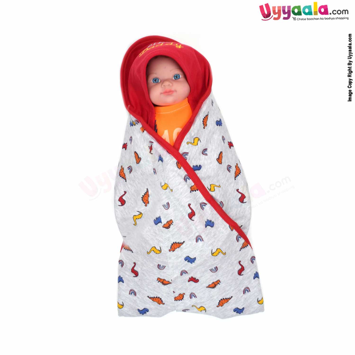 PRECIOUS ONE Baby Hooded Towel Premium Double Layered ,100% Cotton Hosiery with Dinosaurs Print 0+m Age, Size (88*72) Grey & Red