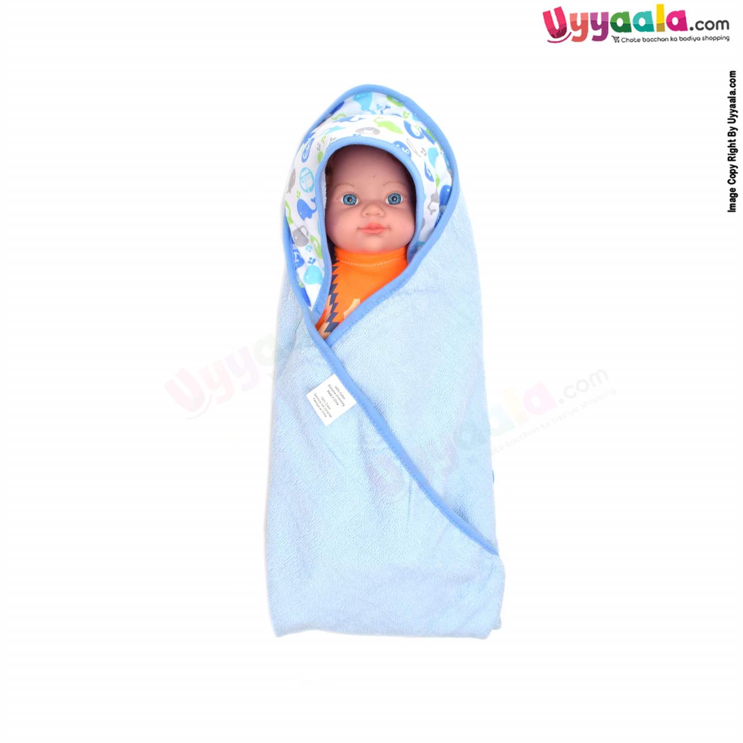 EBERRY Terry Hooded Towel with Whales Print 1pc ,0+m Age ,Size (76*74) - Blue