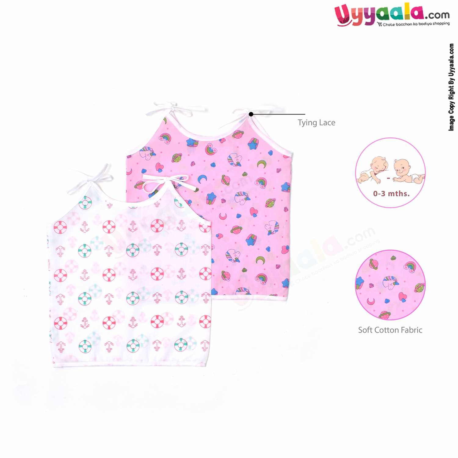 SNUG UP Sleeveless Baby Jabla Set, Top Opening Tie knot Lace Model, Premium Quality Cotton Baby Wear, Unicorn Horse & Anchor Print, (0-3M), 2Pack - Pink & White