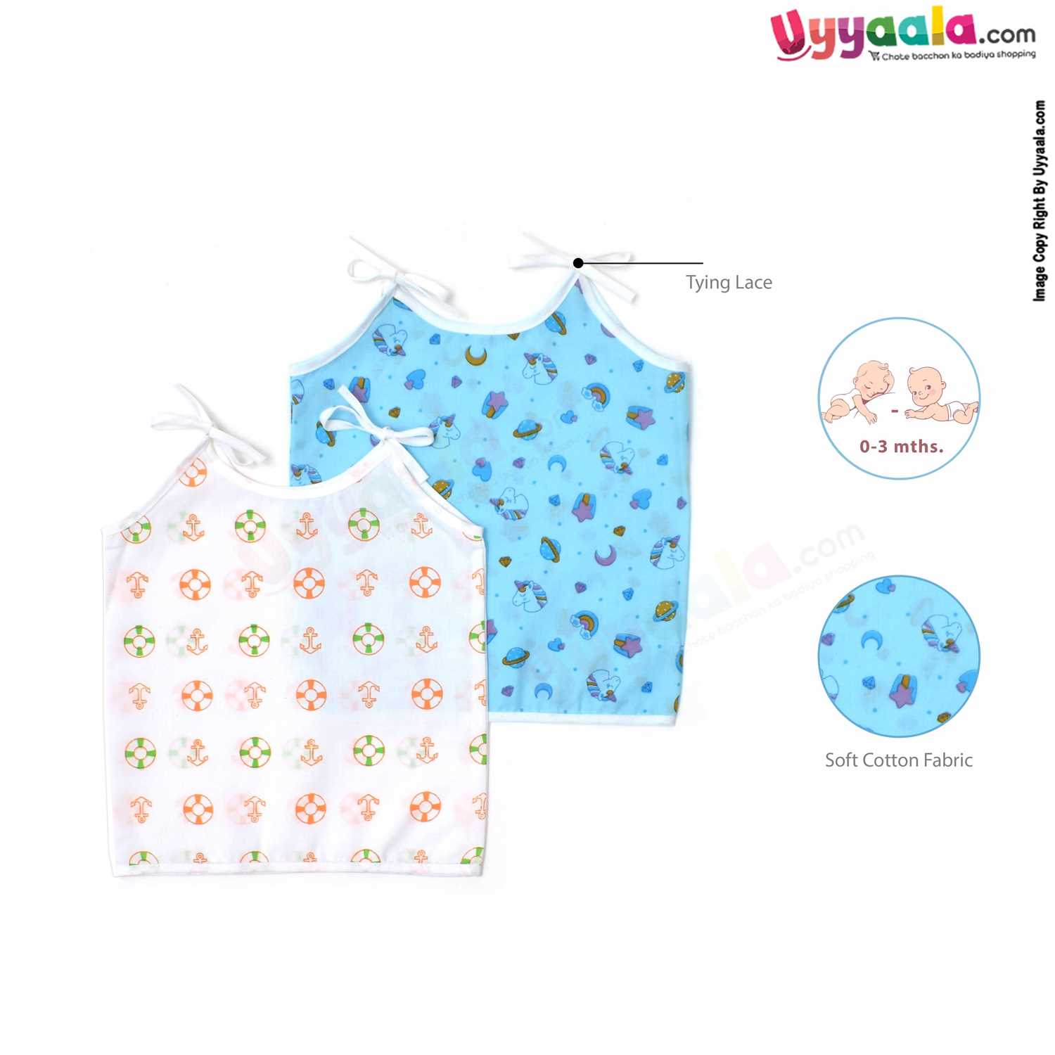 SNUG UP Sleeveless Baby Jabla Set, Top Opening Tie knot Lace Model, Premium Quality Cotton Baby Wear, Unicorn Horse & Anchor Print, (0-3M), 2Pack - Blue & White
