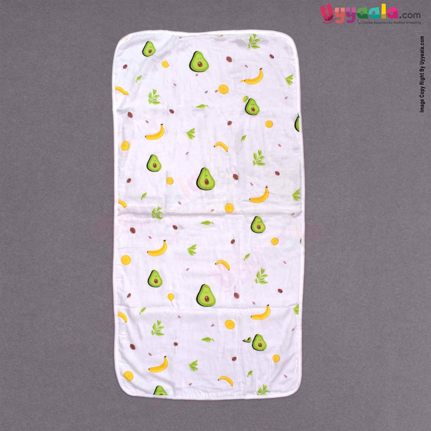 Double Layered Towel One Side Cotton &  Another Side Terry with Fruits & Leaves for Babies Print 0+m Age, Size(101*51cm)-White