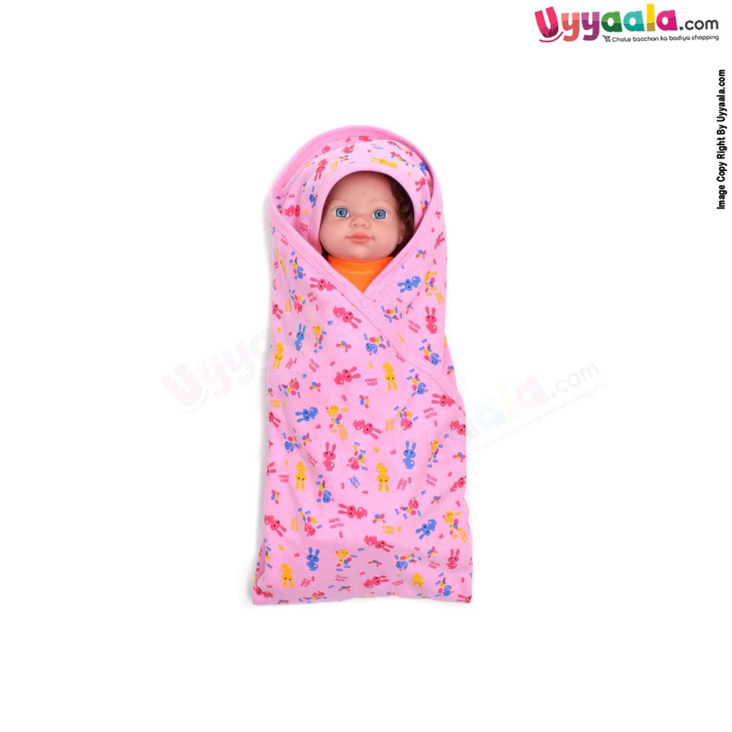 Hosiery Cotton Hooded Towel for Babies with Animal Print 0-12m Age, Size (86*72cm)- Pink