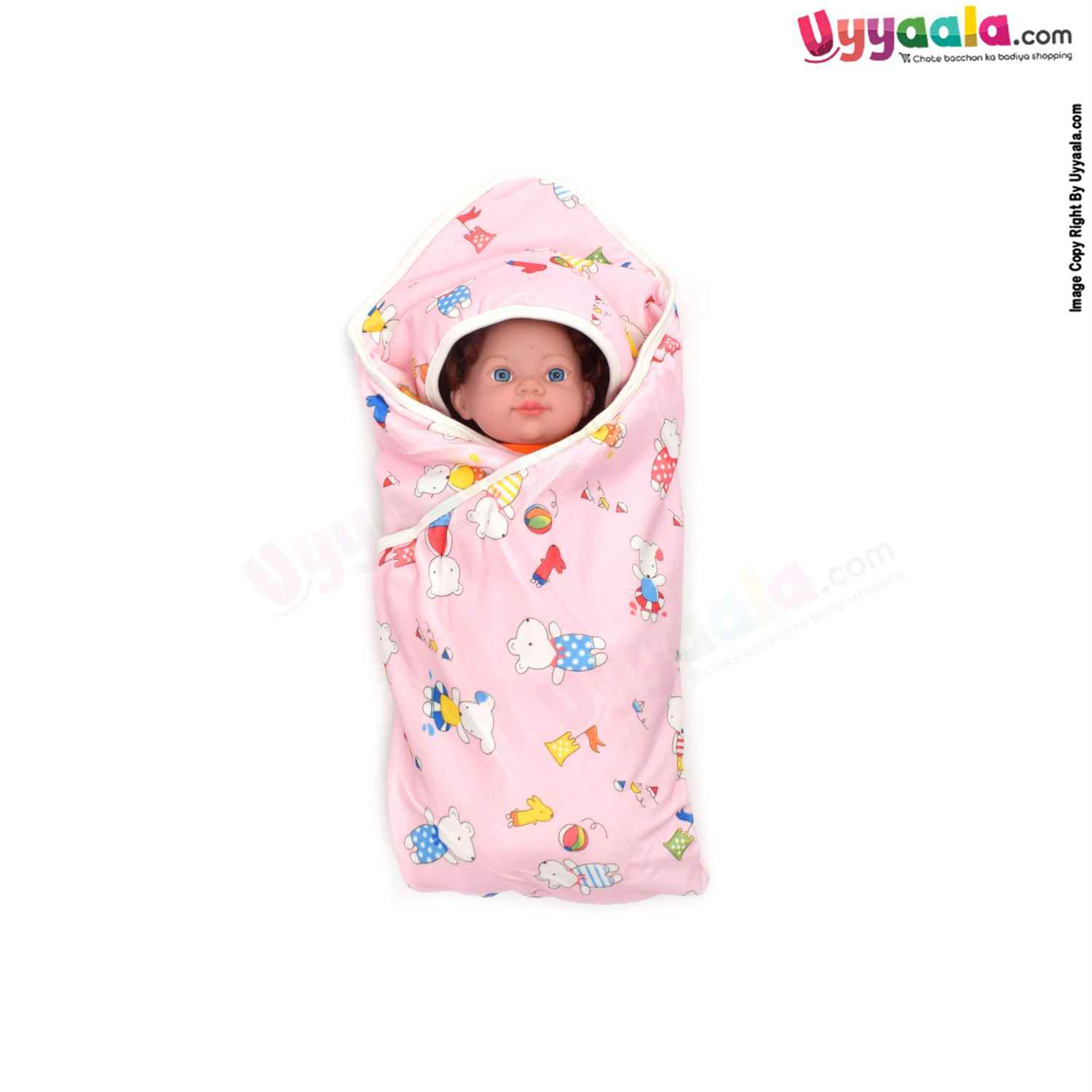 Double Layered (2 Ply) Hooded Blanket One Side Fur & Another Side Velvet with Animals Print for Babies 0-24m Age, Size(74*74cm)- Light Pink