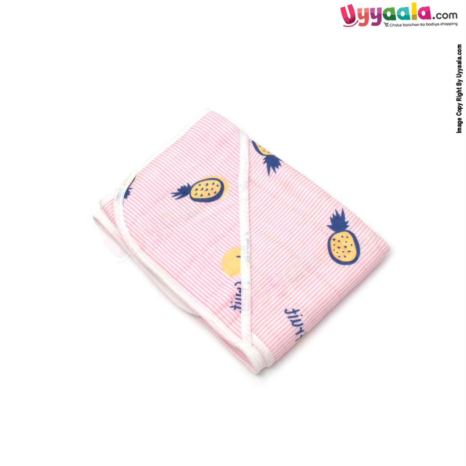 Double Layered Hooded Swaddle Wrapper with Stuff & Waist Belt Pineapple Print for Babies 0+m Age, Size (92*88cm)-Pink