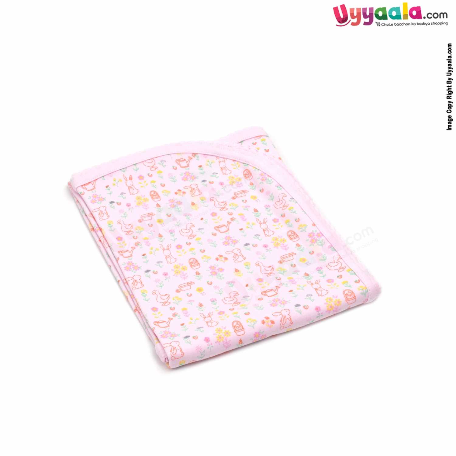ZERO Baby Bath Soft 100% Cotton Towel with Rabbit & Duck Print 0+m Age, Size (84*76cm)- Light Pink