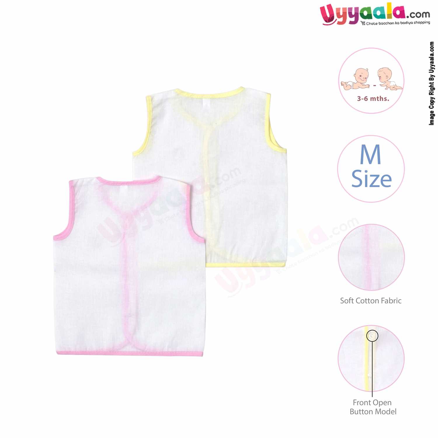 POLAR CUBS Sleeveless Baby Jabla Set, Front Opening Button Model, Premium Quality Cotton Baby Wear, (3-6M), 2Pack - White with Pink & Yellow Borders
