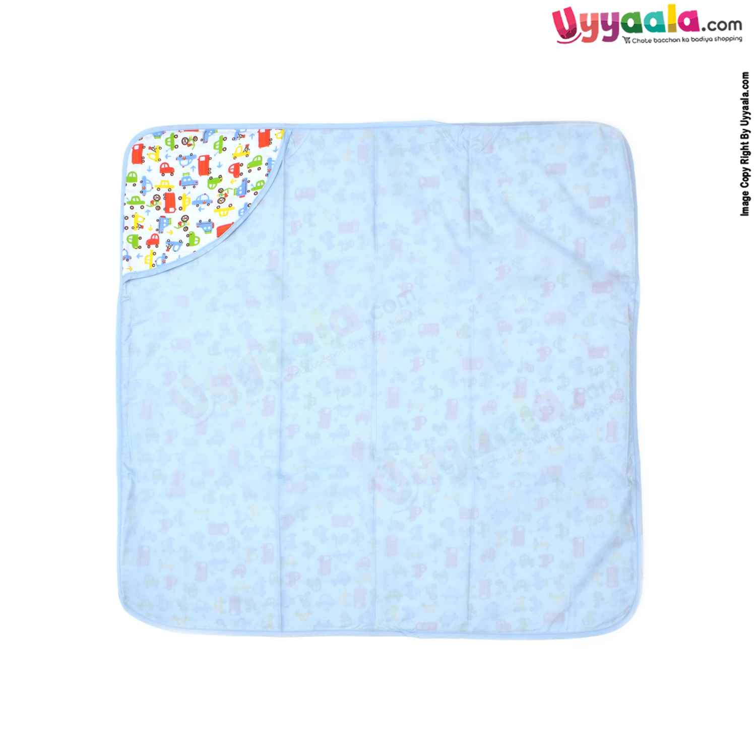 Double Layered Muslin Hooded Wrapper with Cars Print for Babies 0+m Age, Size (79*79cm)-White
