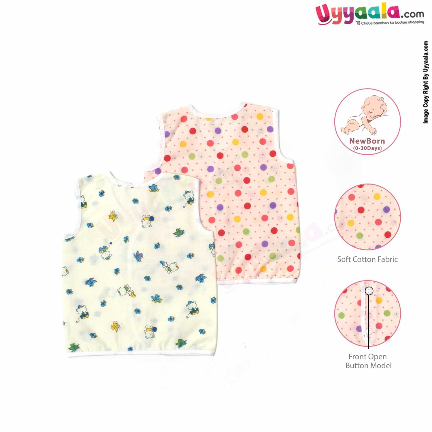 SNUG UP Sleeveless Baby Jabla Set, Front Opening Button Model, Premium Quality Cotton Baby Wear, (0-30 Days), Dots & Bear Print, 2Pack - Cream & Peach