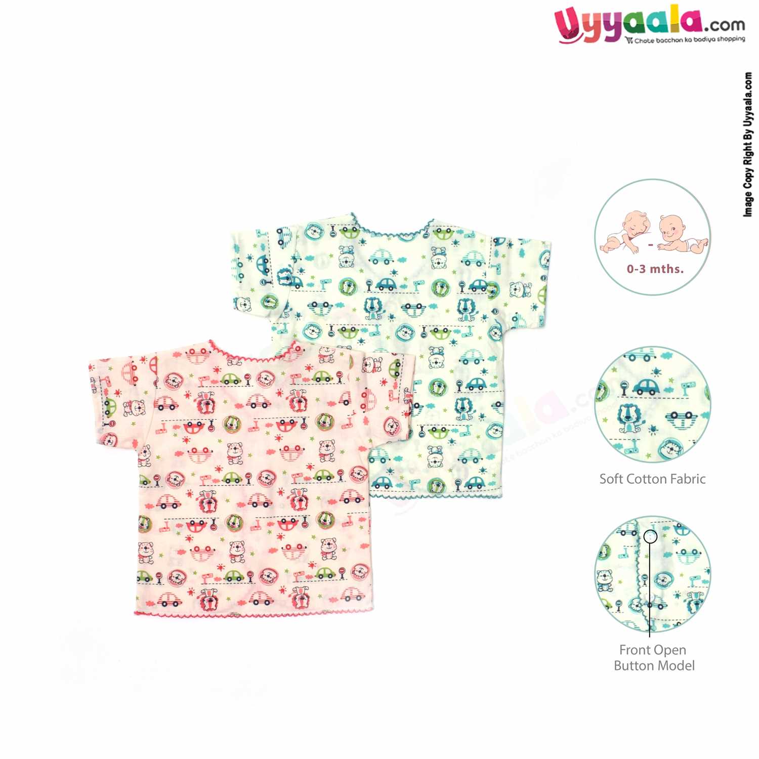SNUG UP Half Sleeve Baby Jabla Set, Front Opening Button Model, Premium Quality Cotton Baby Wear, Car & Bear Print, (0-3M), 2Pack - Red & Green
