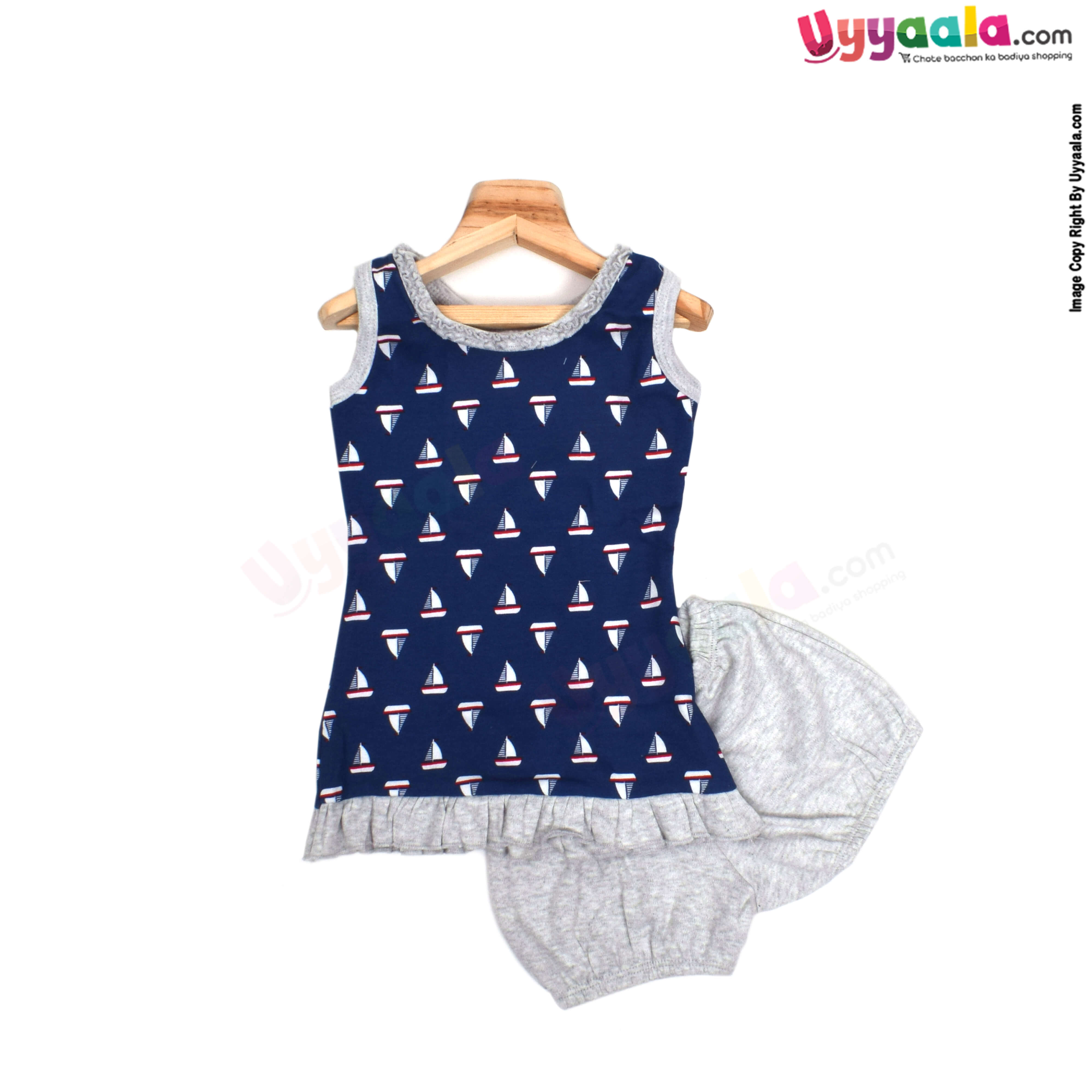 Baby 100% Premium Quality Hoisery Sleeve less Newborn Frock with Bloomer Boat Print, Dark Blue