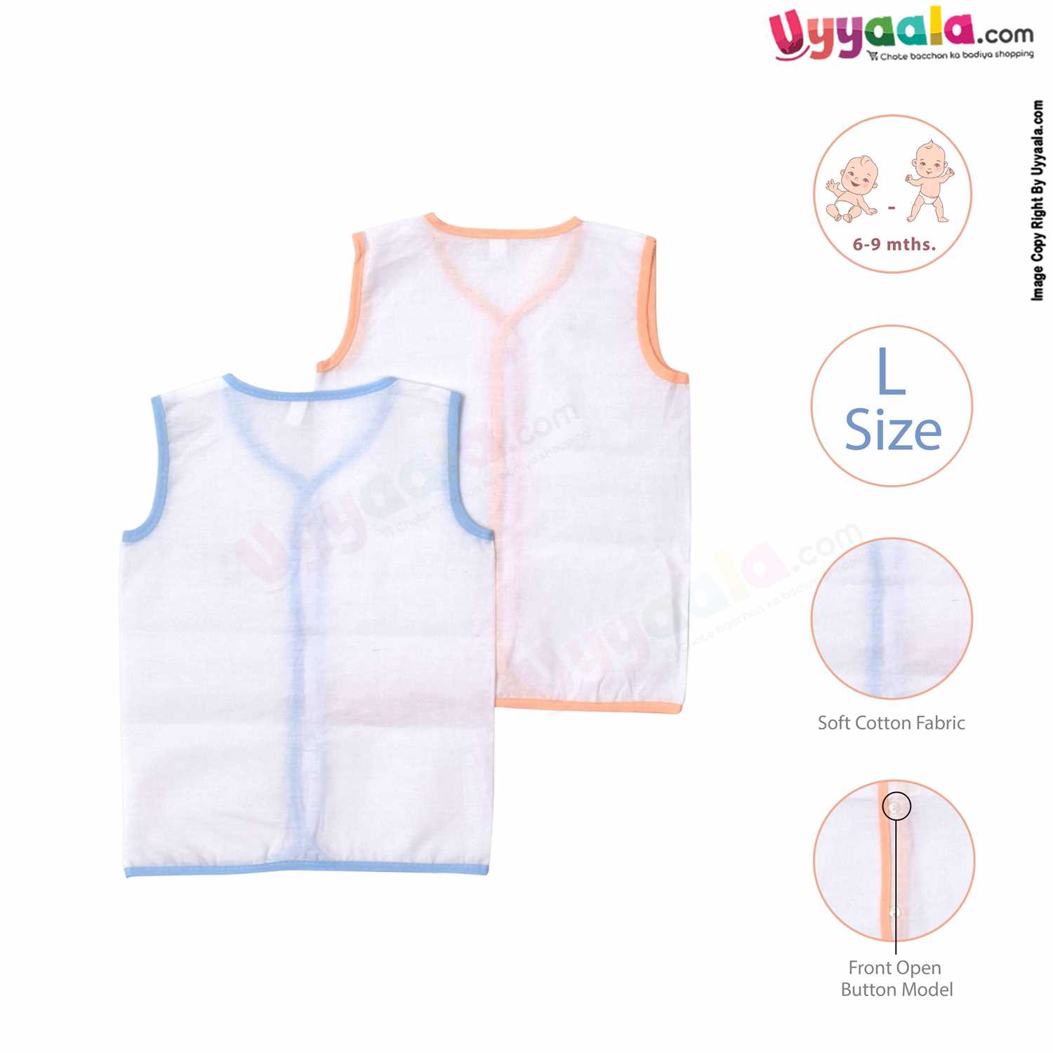 POLAR CUBS Sleeveless Baby Jabla Set, Front Opening Button Model, Premium Quality Cotton Baby Wear, (6-9M), 2Pack - White with Blue & Orange Borders