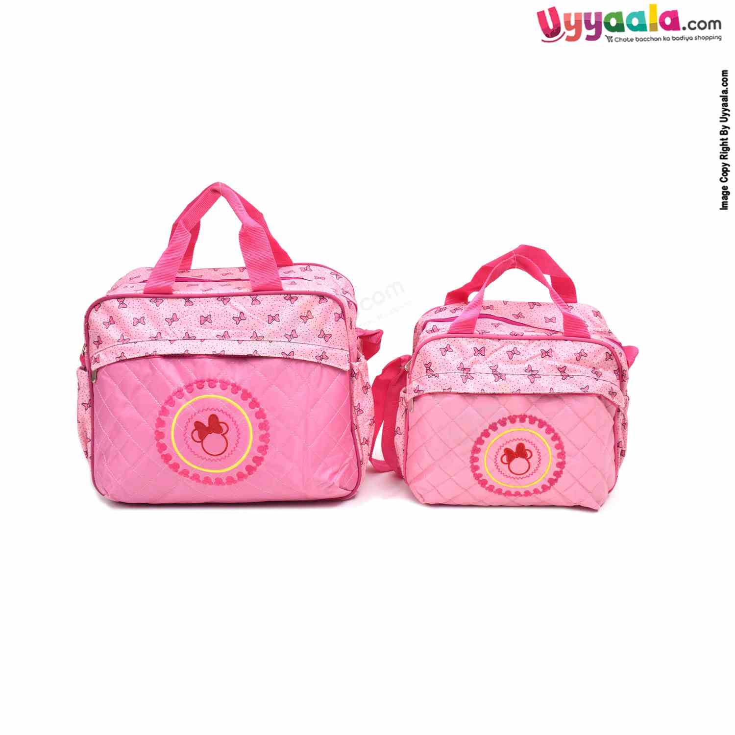 Premium Quality Multipurpose Mother Bag(Diaper Bag) with Bottle Holders & Bow Embroidery Combo of 2,Size(35*33/29*26) - Pink
