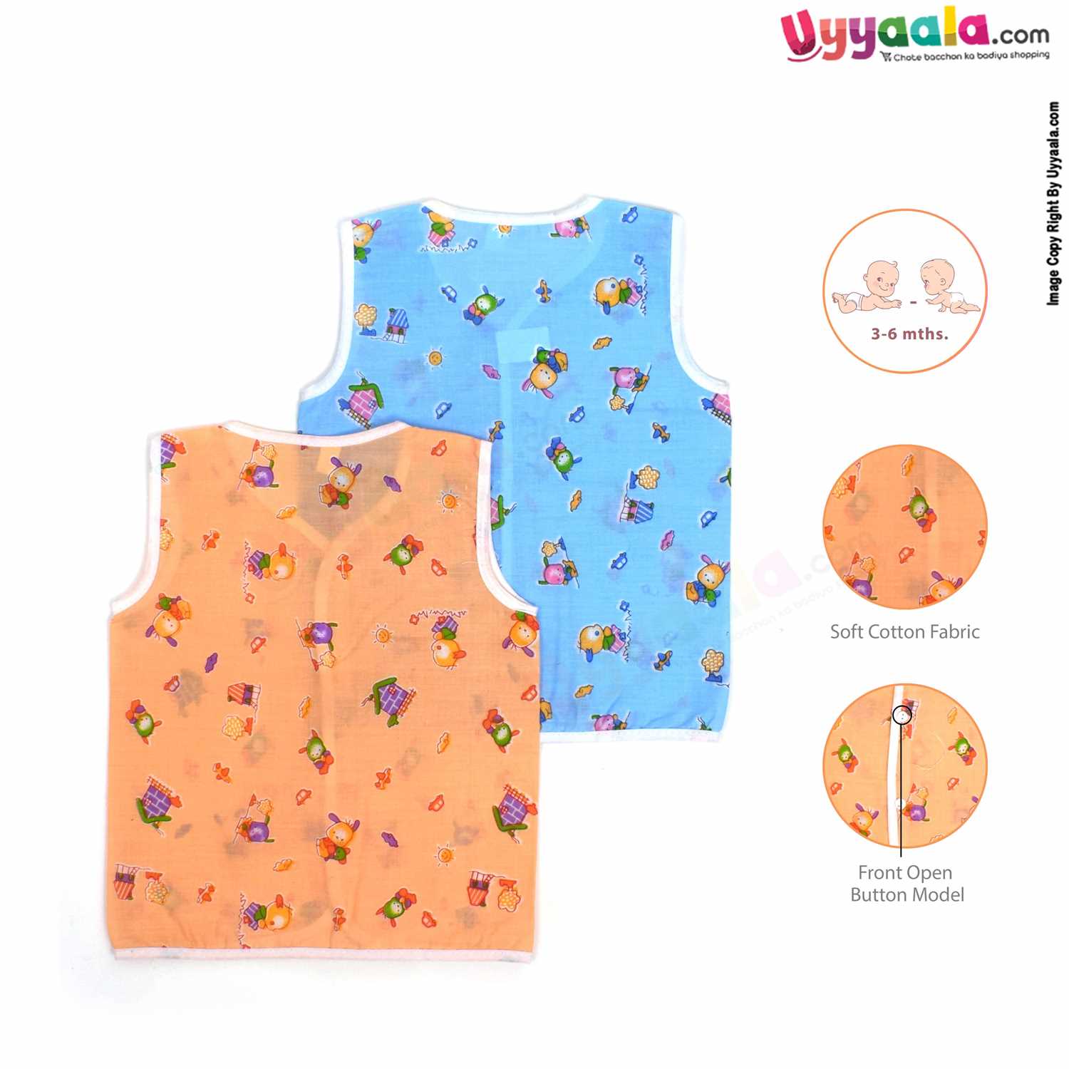 SNUG UP Sleeveless Baby Jabla Set, Front Opening Button Model, Premium Quality Cotton Baby Wear, Bear Print, (3-6M), 2Pack - Blue & Orange