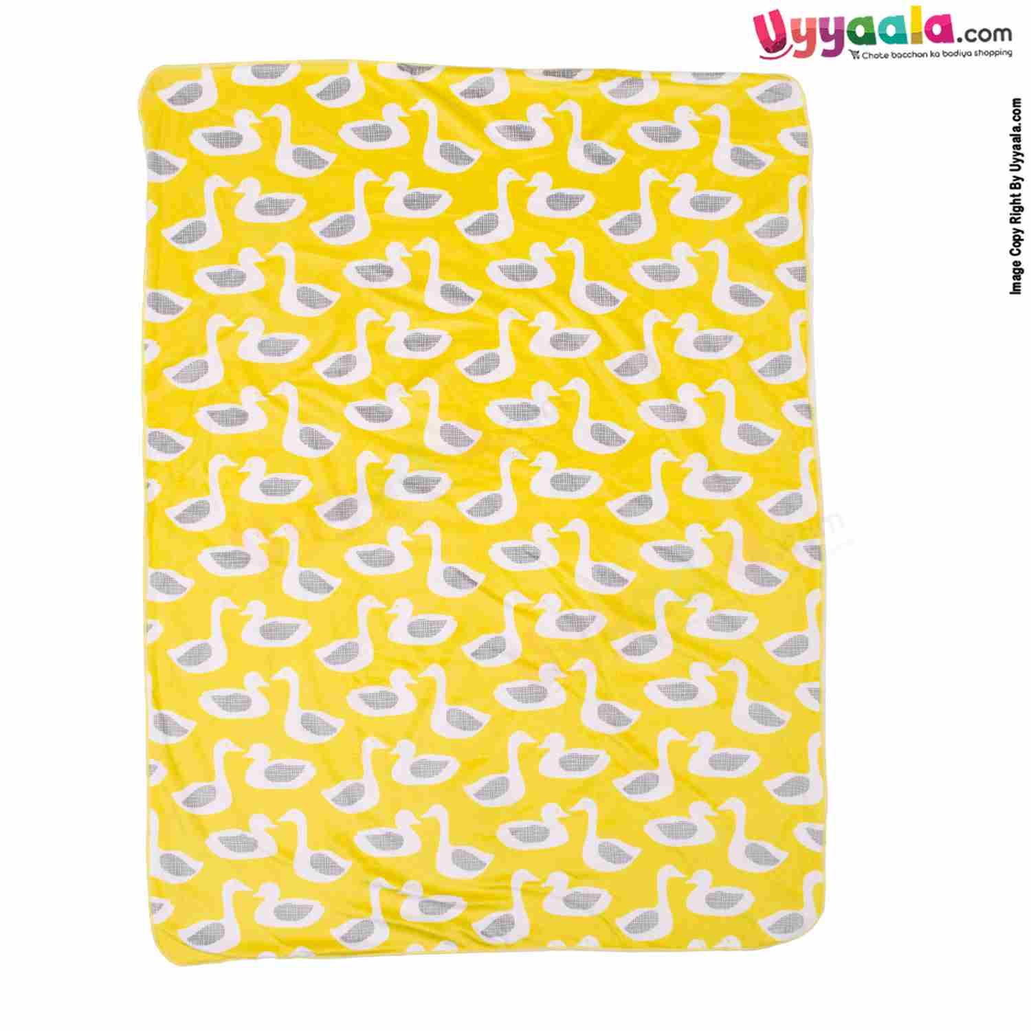 Double Layered Blanket One Side Fur & Other Side Velvet, with Swan Print 0-24m Age, Size(101*76cm) - Yellow