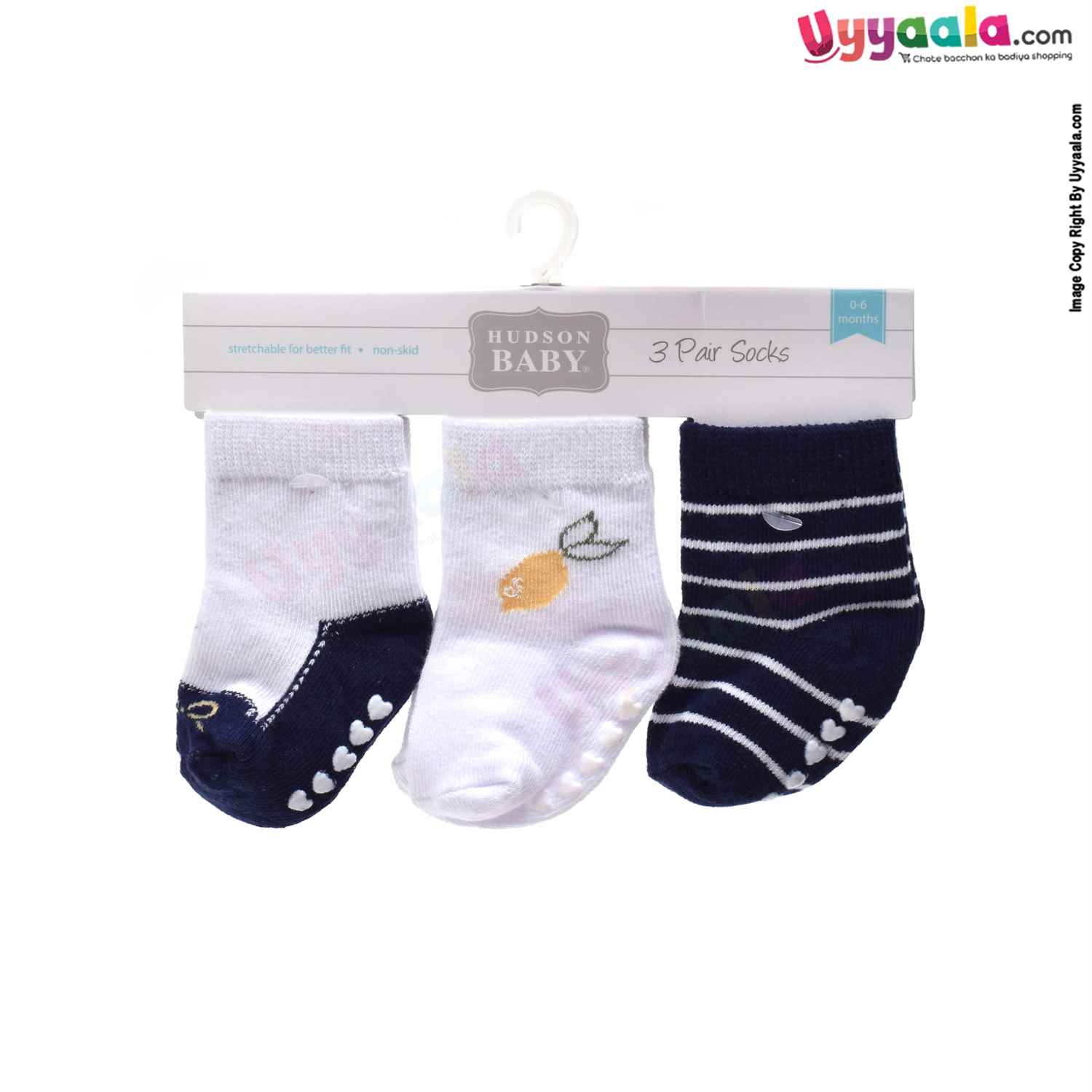 HUDSON BABY Stretchable & Non Skid Socks 3p Set with Multi Print, 0-6 m Age- Navy Blue & White