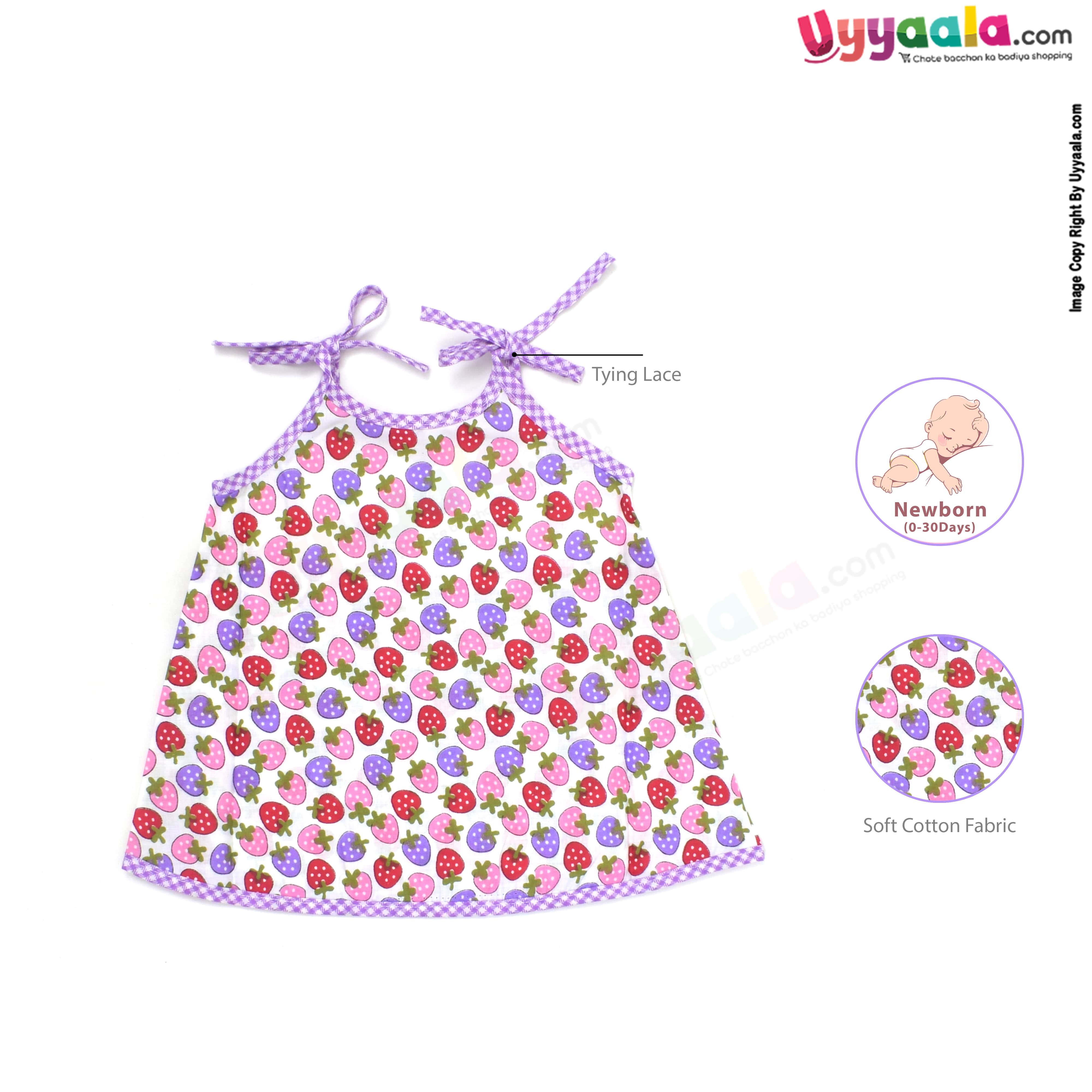 Baby Premium Quality Cotton Sleeve Less Newborn Frock Tying Model, Strawberry Print, Pink , Newborn (0-30days)