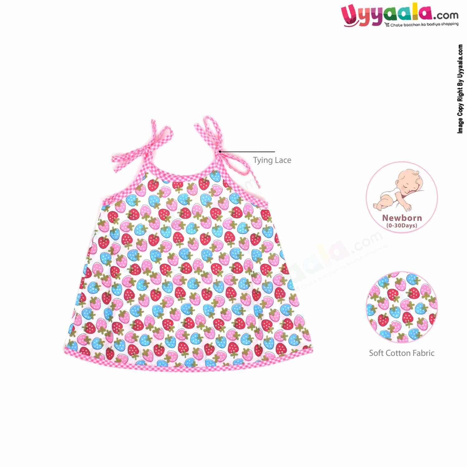 Sleeveless Newborn Baby Frock, Top Opening Tie Knot Lace Model, Premium Quality Cotton Baby Wear. Strawberry Print, (0-30Days)