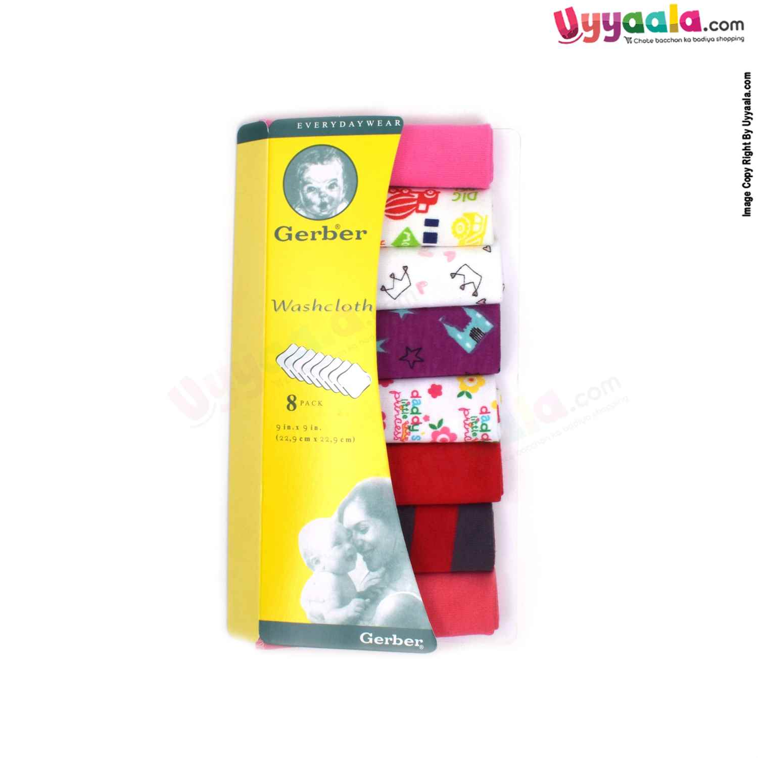 GERBER Baby Washcloths Premium Quality Hosiery Cotton (Napkins) Pack of 8, Assorted Prints, 0-6months