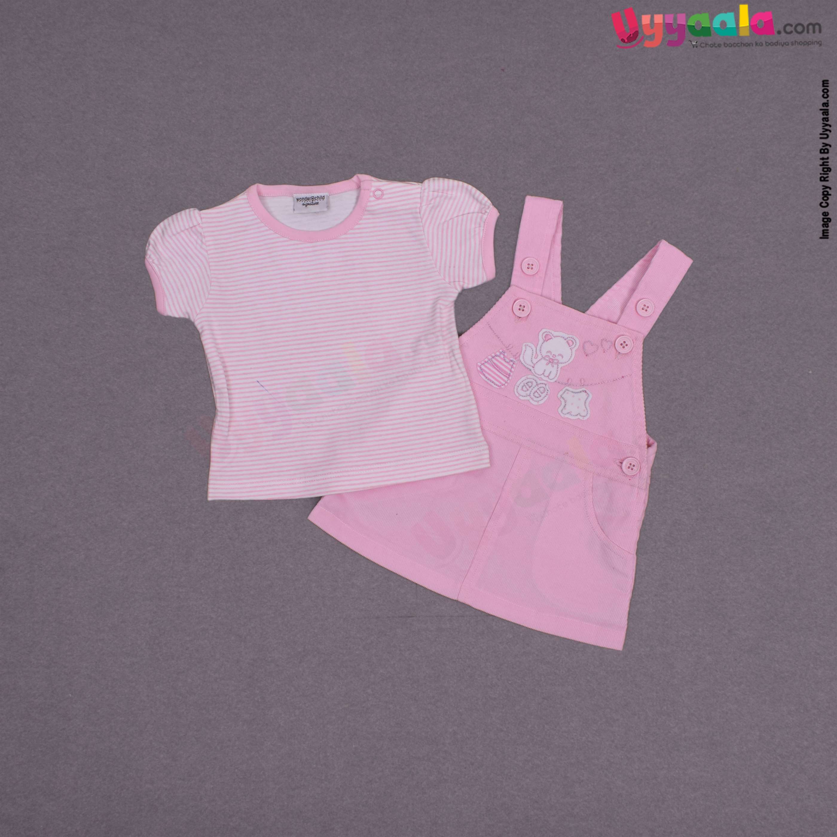 WONDER CHILD Party wear dungaree for baby girl with cat patch- Pink