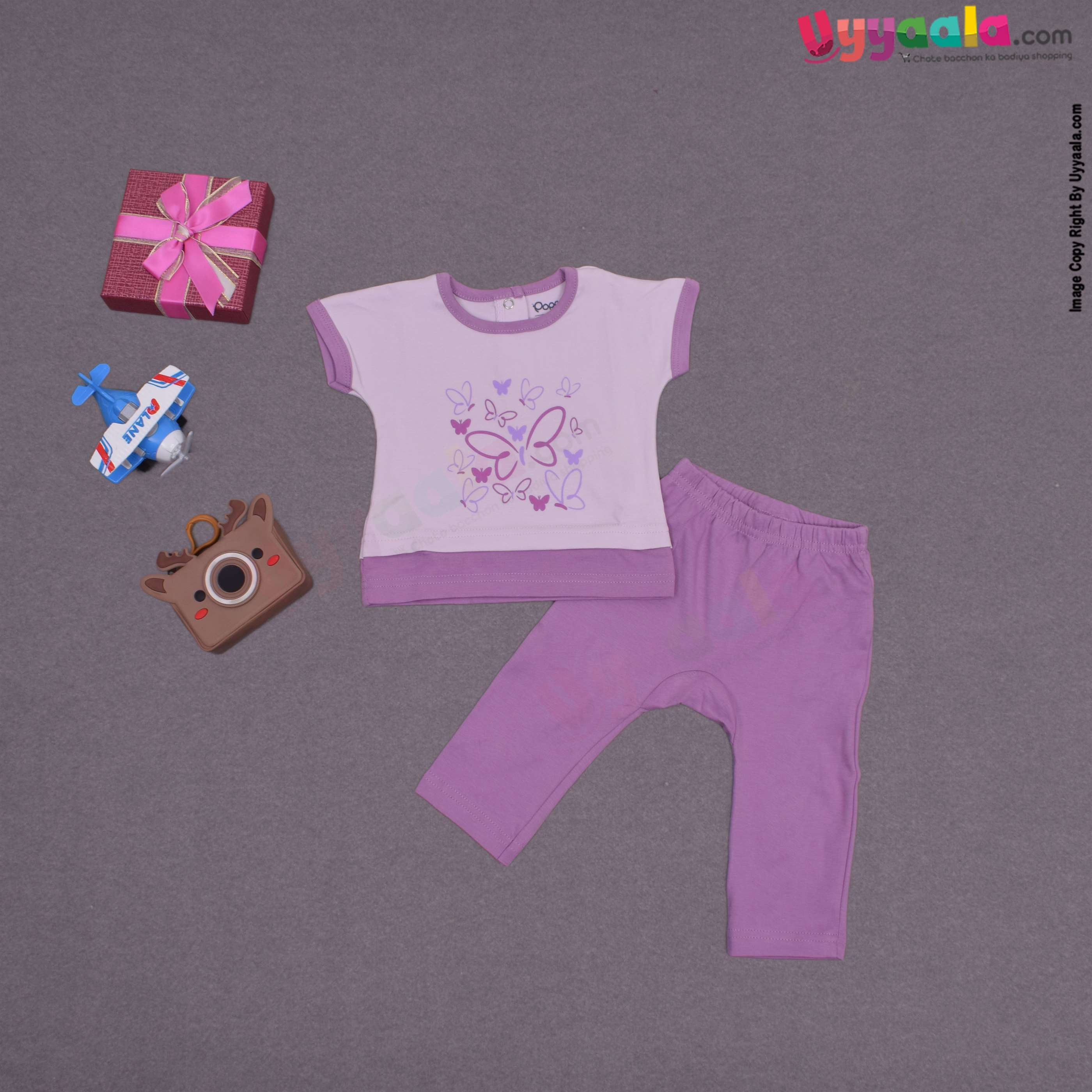 POPEES Baby girl casual wear hosiery cotton dress set - Purple with butter fly print