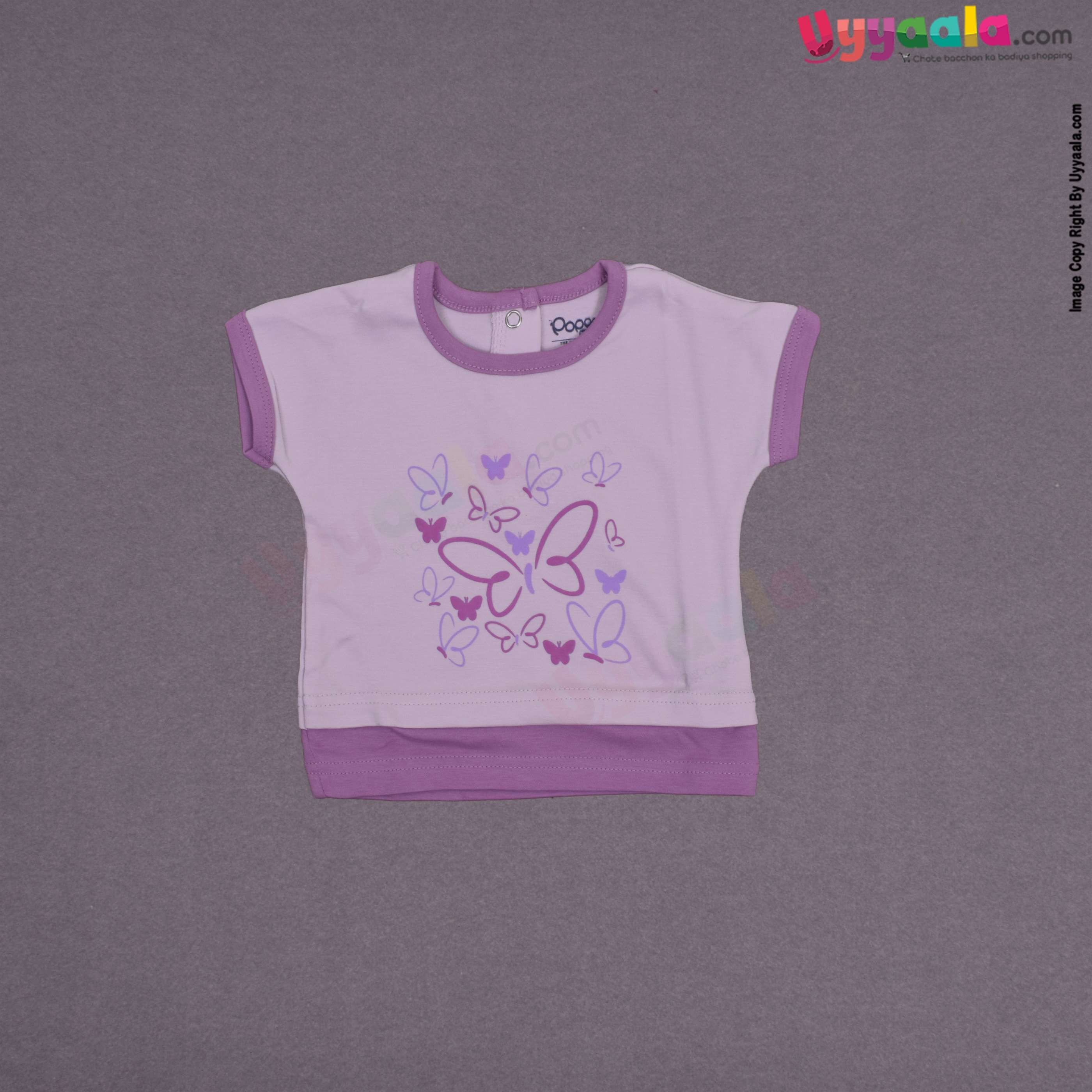 POPEES Baby girl casual wear hosiery cotton dress set - Purple with butter fly print